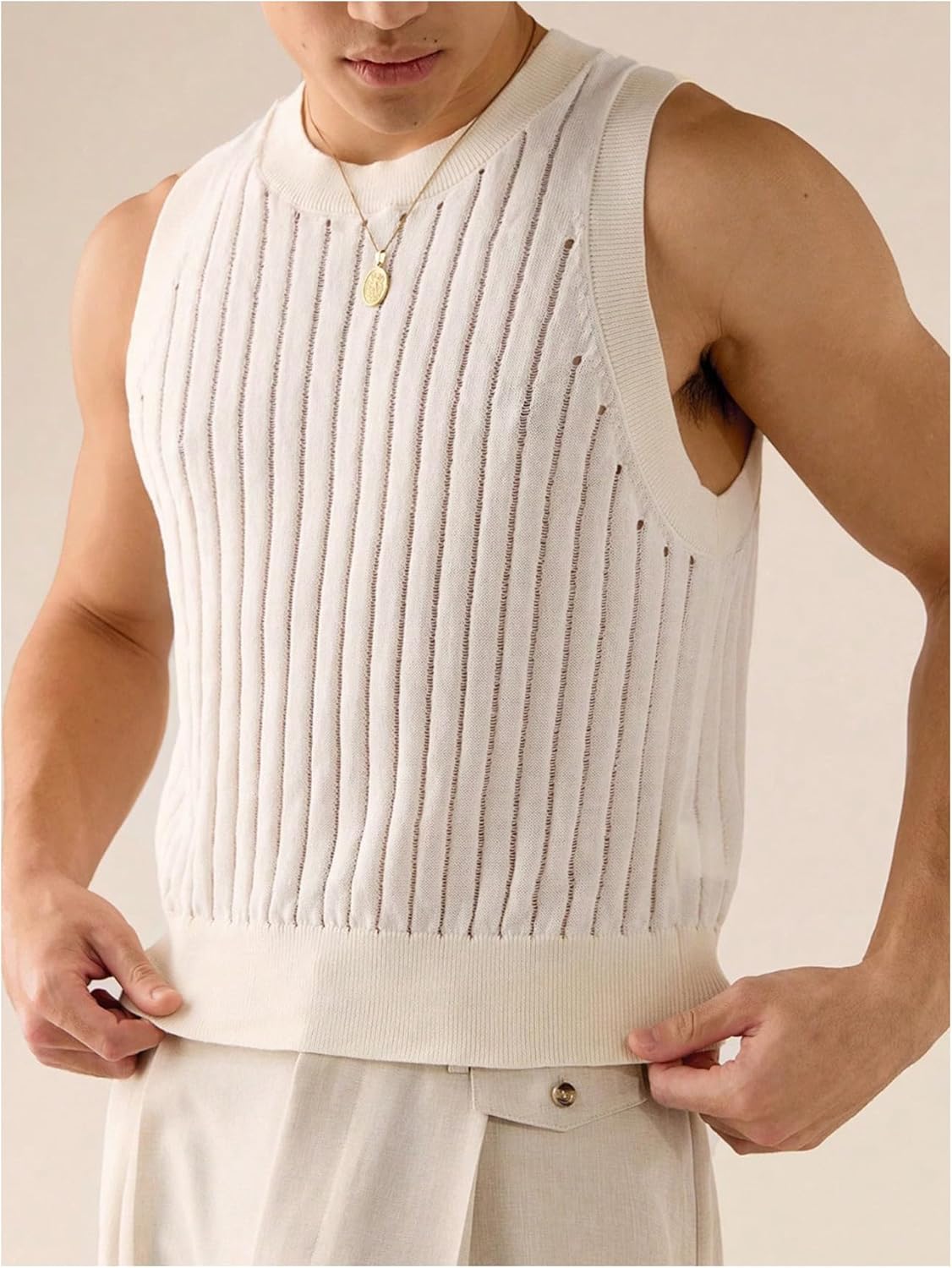 Men's Ribbed Knit Hollow Tight Sweater Vest Crewneck Sleeveless Knitted Tank Top - Image 2