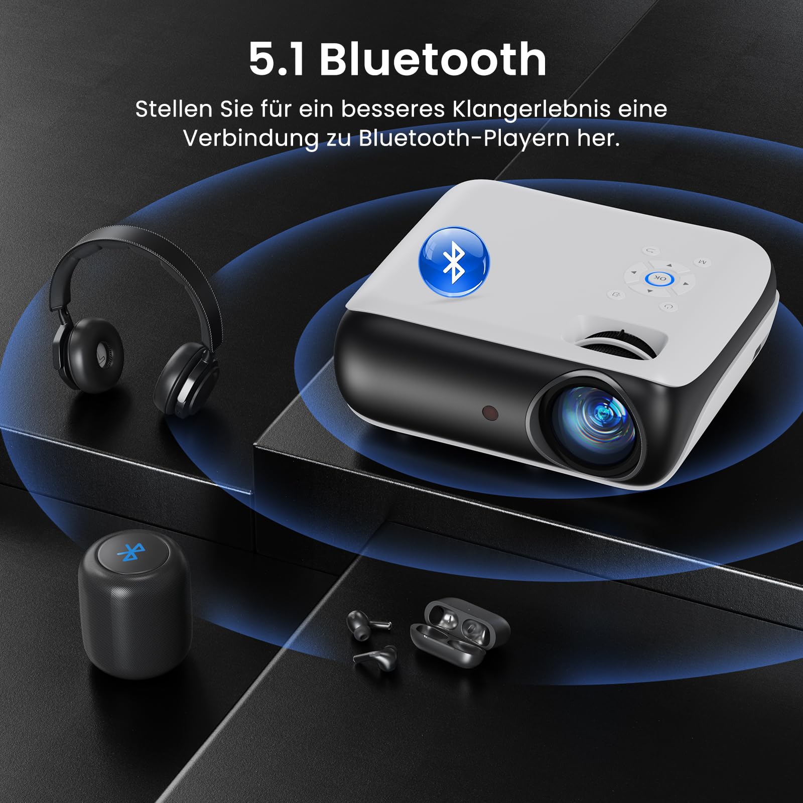 HAPPRUN Native 1080P Beamer mit Bluetooth 5.1 & Hi‑Fi Stereo
