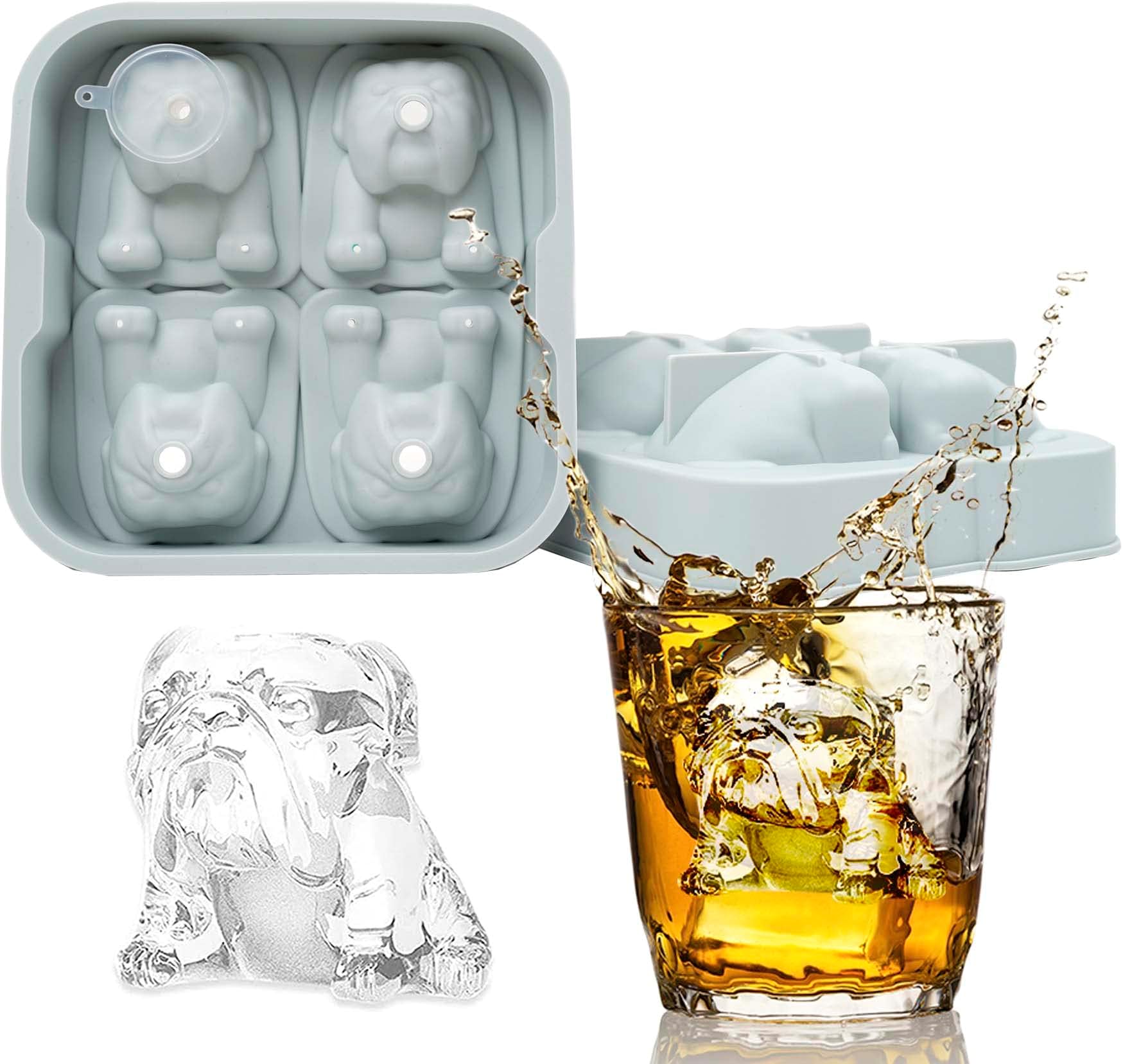 4 Cavity Bulldog Dog Shape Ice Cube Molds Reusable Silicone with Funnel for Whiskey Spirits Cocktails Bourbon Bulldog Gifts(Morandi Blue)