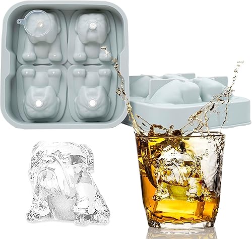 Moldes para cubitos de hielo con forma de perro Bulldog de 4 cavidades, de silicona reutilizable con embudo para whisky, bebidas alcohólicas,