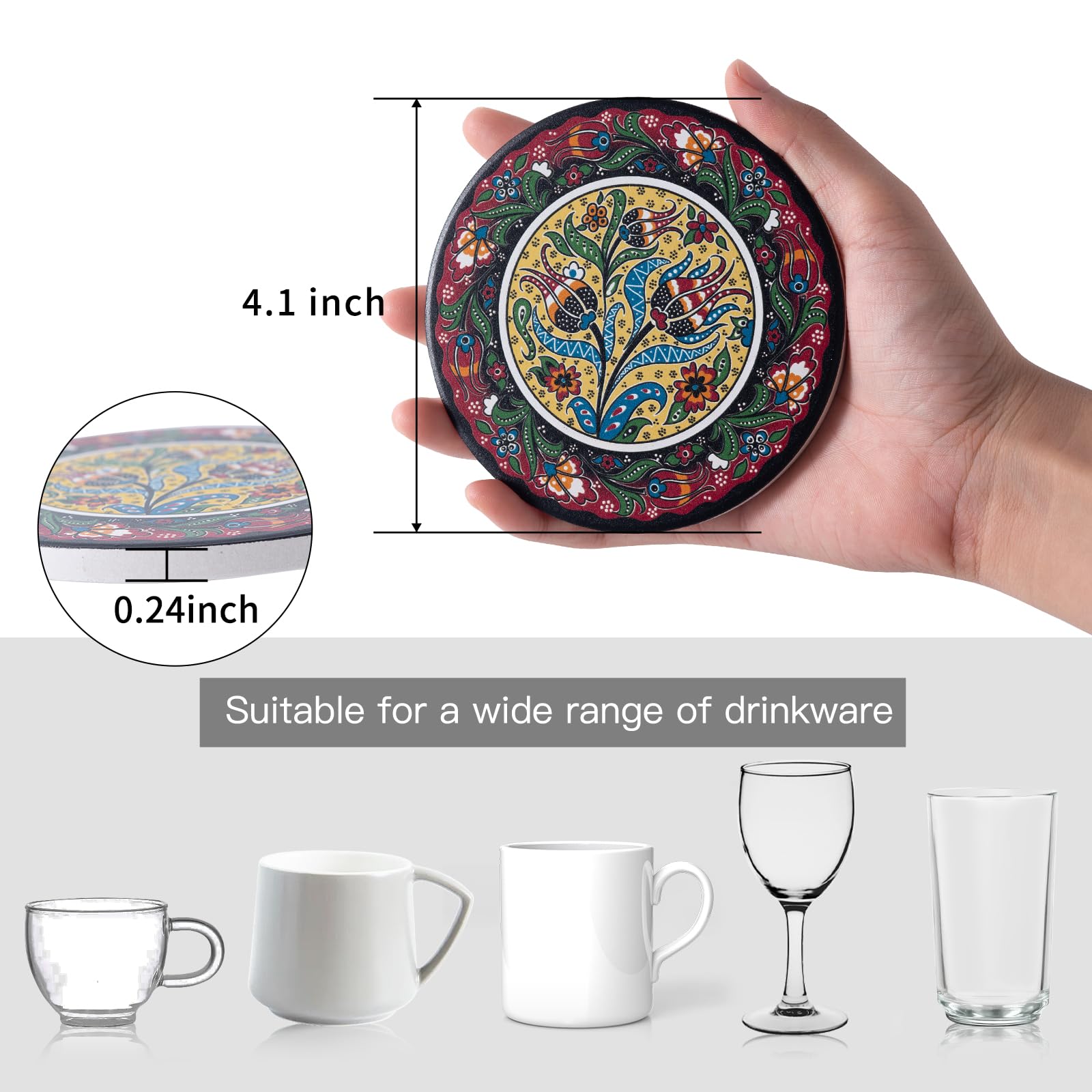 STARUBY Drink Coasters Set of 6 Ceramic Coaster Beautiful Absorbent Coaster Drink Mat with Cork Base 6 Turkey Patterns Round Coaster Non Slip for Coffee,Beer,Mug,Wine Glass Bottle,Home and Bar - Image 2