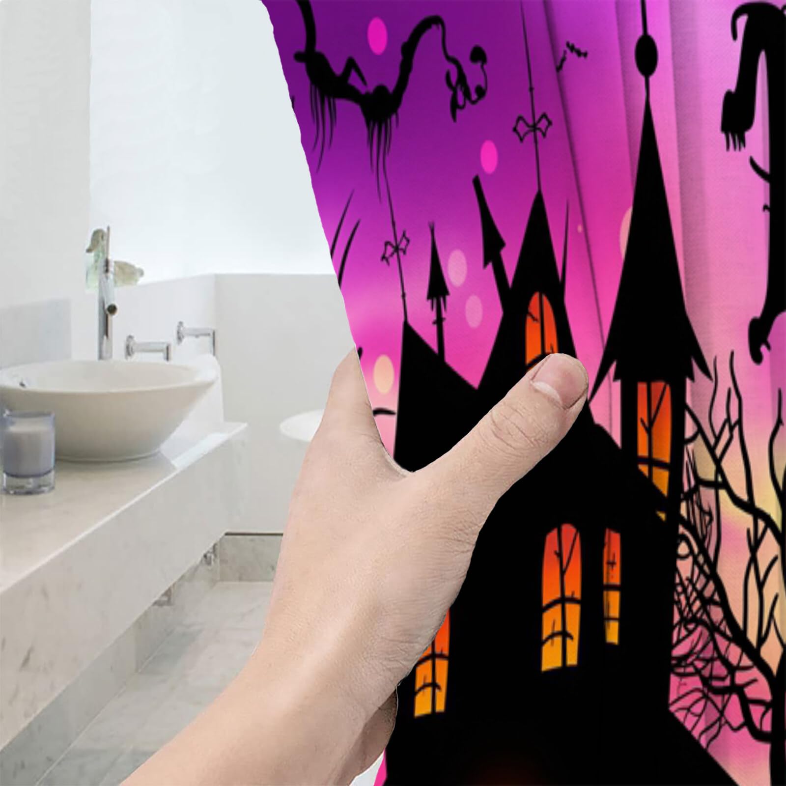 Duschvorhang Kürbis Mit Fledermausmotiv Aus Einem Spukhaus H240Xb200Cm | Cartoon-Fantasy Halloween Wasserdichter Stoff Maschinenwaschbarer Badezimmervorhang Mit Haken