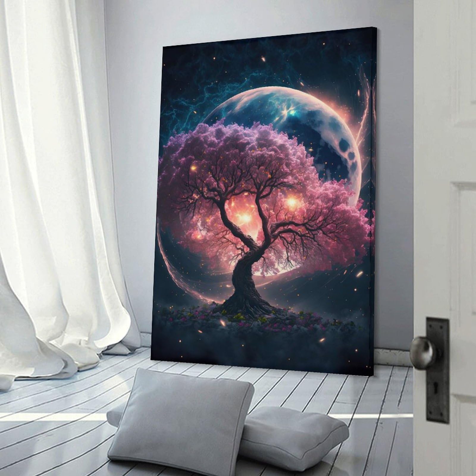 Junmoney Cosmic Sakura Tree Home Decor Wall Art, 16x24inch(40x60cm), for Lounge, Bedroom Or Personal Spaces, Gift Idea for Housewarming And Birthdays