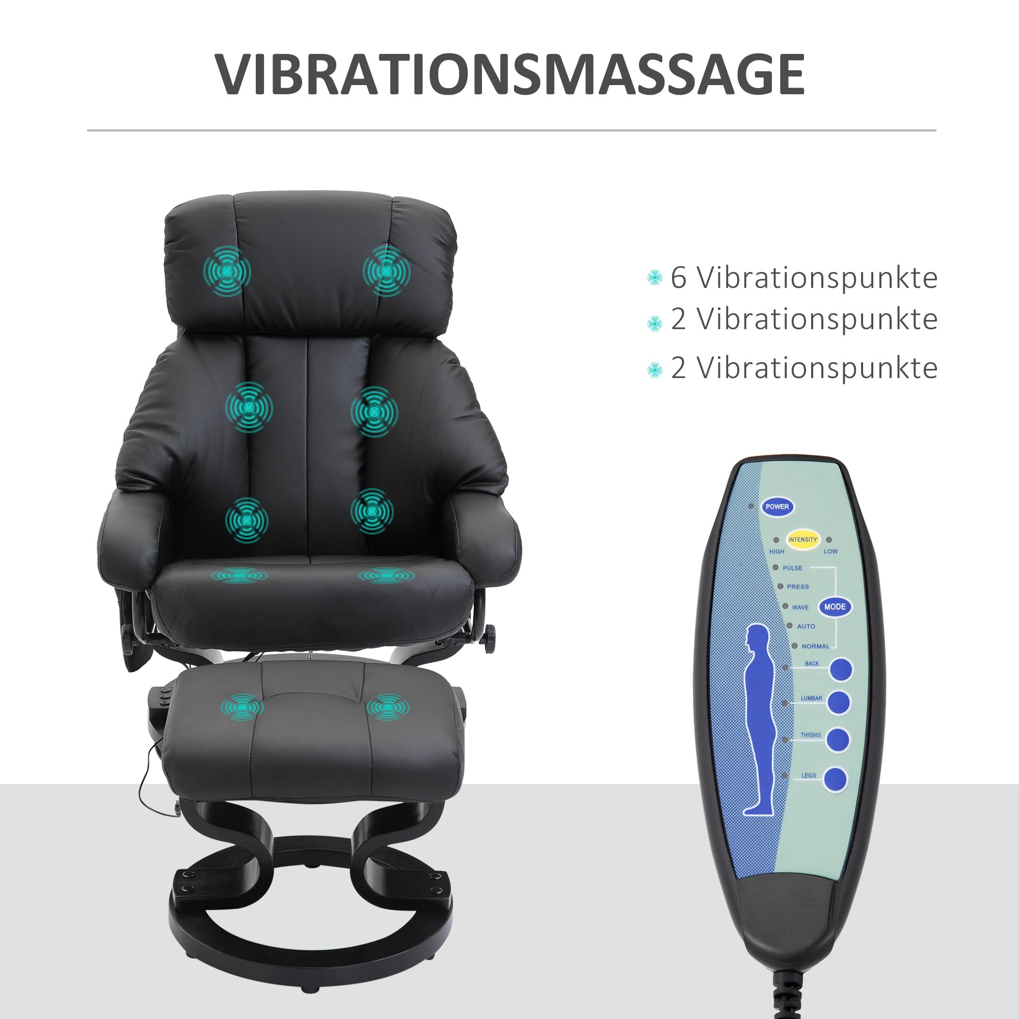 HOMCOM Poltrona massaggiante con poggiapiedi, poltrona relax, poltrona elettrica con funzione reclinabile, poltrona reclinabile per soggiorno, in ecopelle, colore nero