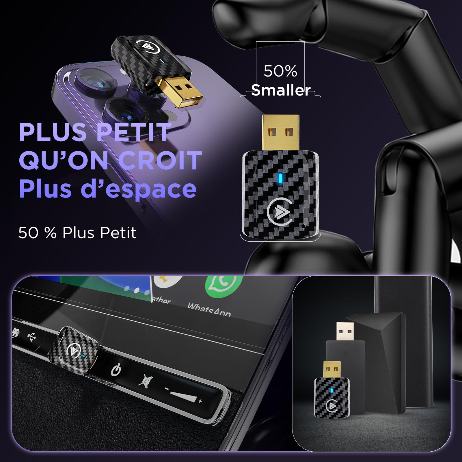 MSXTTLY Adaptateur CarPlay sans Fil Android Auto - U2AC-01 Transforme CarPlay & Android Auto Filaire en sans Fil, Compatible avec iPhone 12–17 Pro Max & Android 11+, USB-C/A, Noir