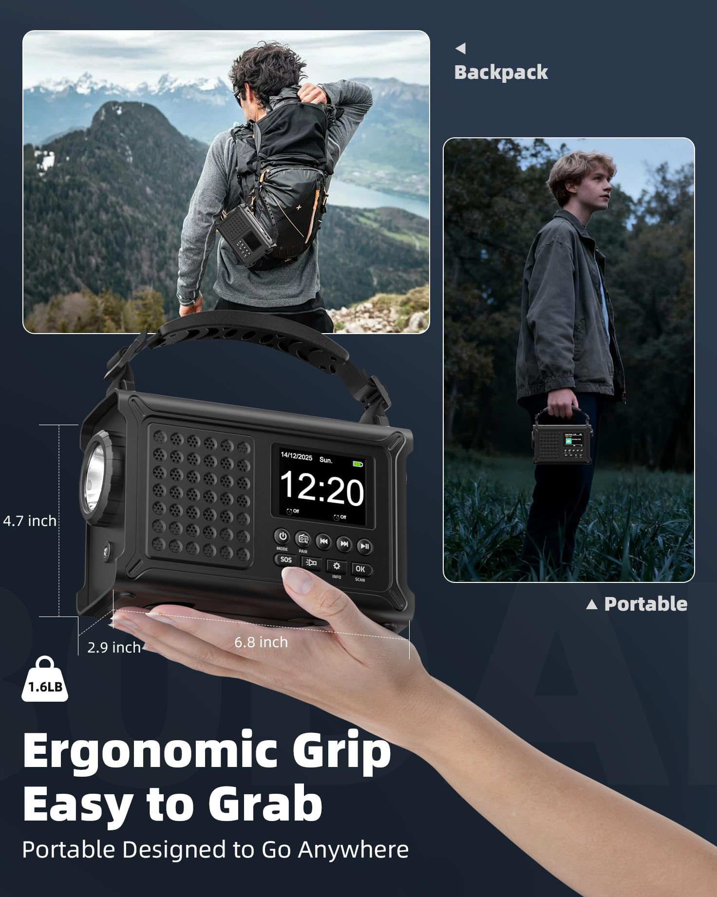 Radio à manivelle 12 000 mAh - Dab/Dab+/FM avec Bluetooth 5.0 - Radio d'urgence avec Panneau Solaire de 8500 mm² et manivelle de 650 mA - Radio Solaire Portable à Dynamo - Idéale comme Lampe de Poche