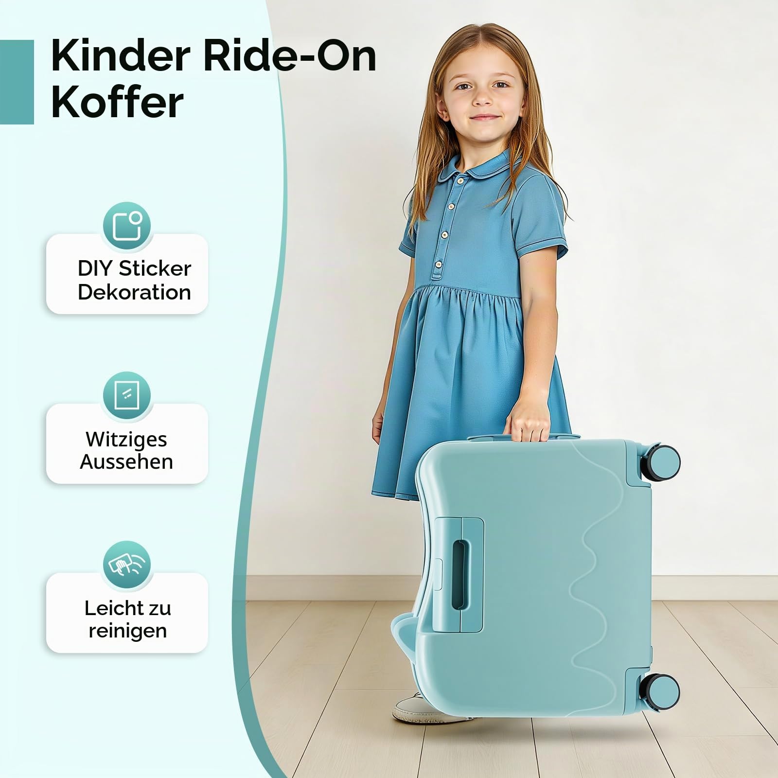 18 Zoll Kinderkoffer zum Draufsitzen, Kindertrolley Kindertrolley Kinder Reisekoffer mit Zugstange und Passwortschloss Rollkoffer Kinder Koffer für 3-6 Jahre Mädchen & Jungen 37L (Himmelblau)