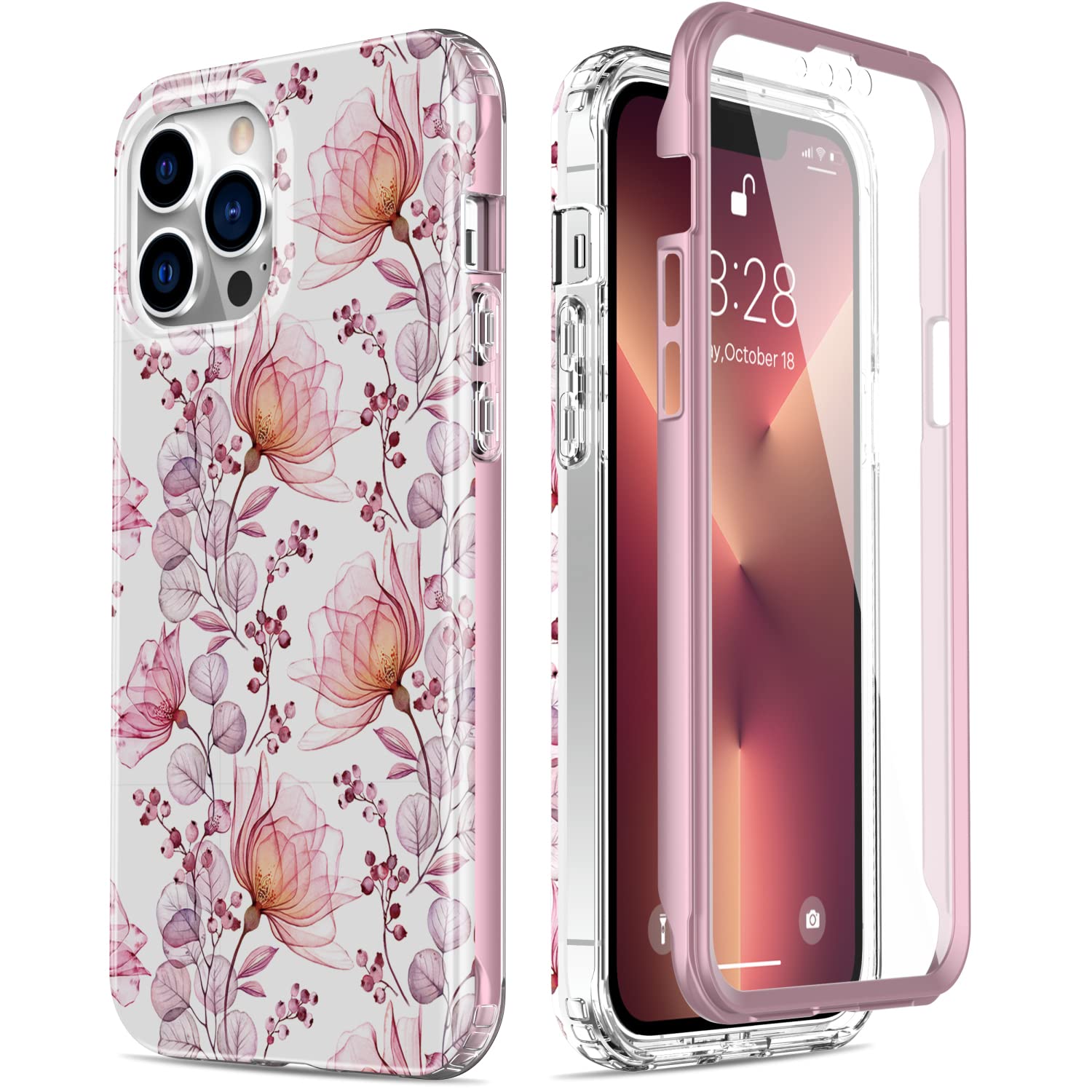 ESDOT iPhone 13 Pro Max Case with Built-in Screen Protector,Military Grade Cover with Fashion Designs for Women Girls,Protective Phone Case for Apple iPhone 13 Pro Max 6.7" Light Pink Flowers