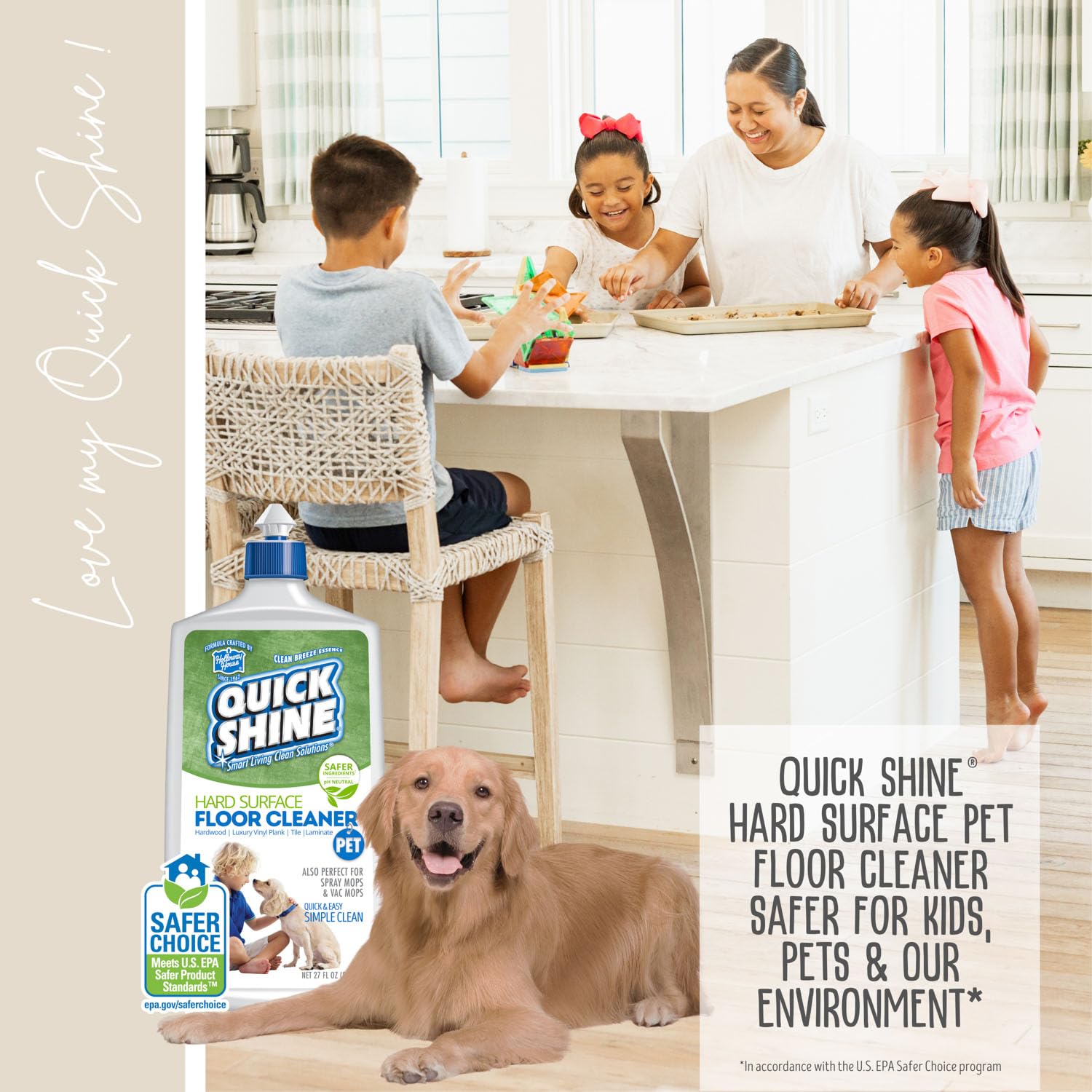 Quick Shine Limpiador de suelos para mascotas a base de plantas, 27 onzas, listo para usar, elimina la suciedad, sin rayas, sin enjuague, madera dura, laminado, tablón de vinilo de lujo LVT y