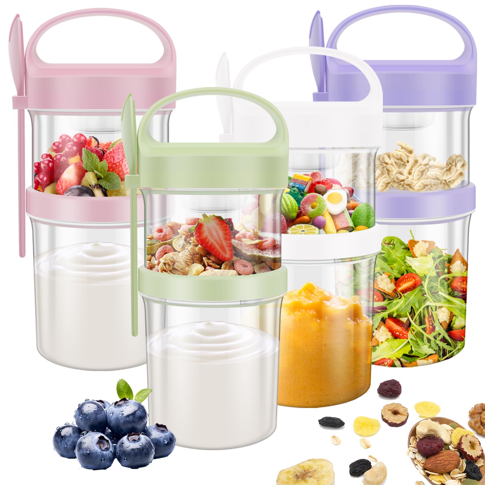 NIHUIFDPY 4Pcs Overnight Oats Jar with Lids and Spoon, 560+360ml Plastic Overnight Oats Container, Dual-Layer Yoghurt Pots for Dry-Wet Separation, Breakfast Pots for Yogurt Cereal Fruit Salad