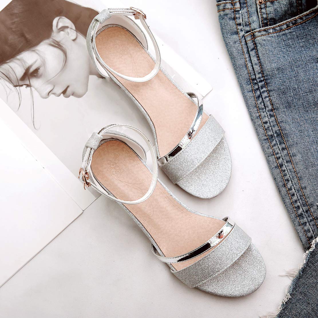 Damen Riemchensandaletten Glitzer Sandaletten mit Blockabsatz 5cm Absatz Open Toe Sandalen Schuhe