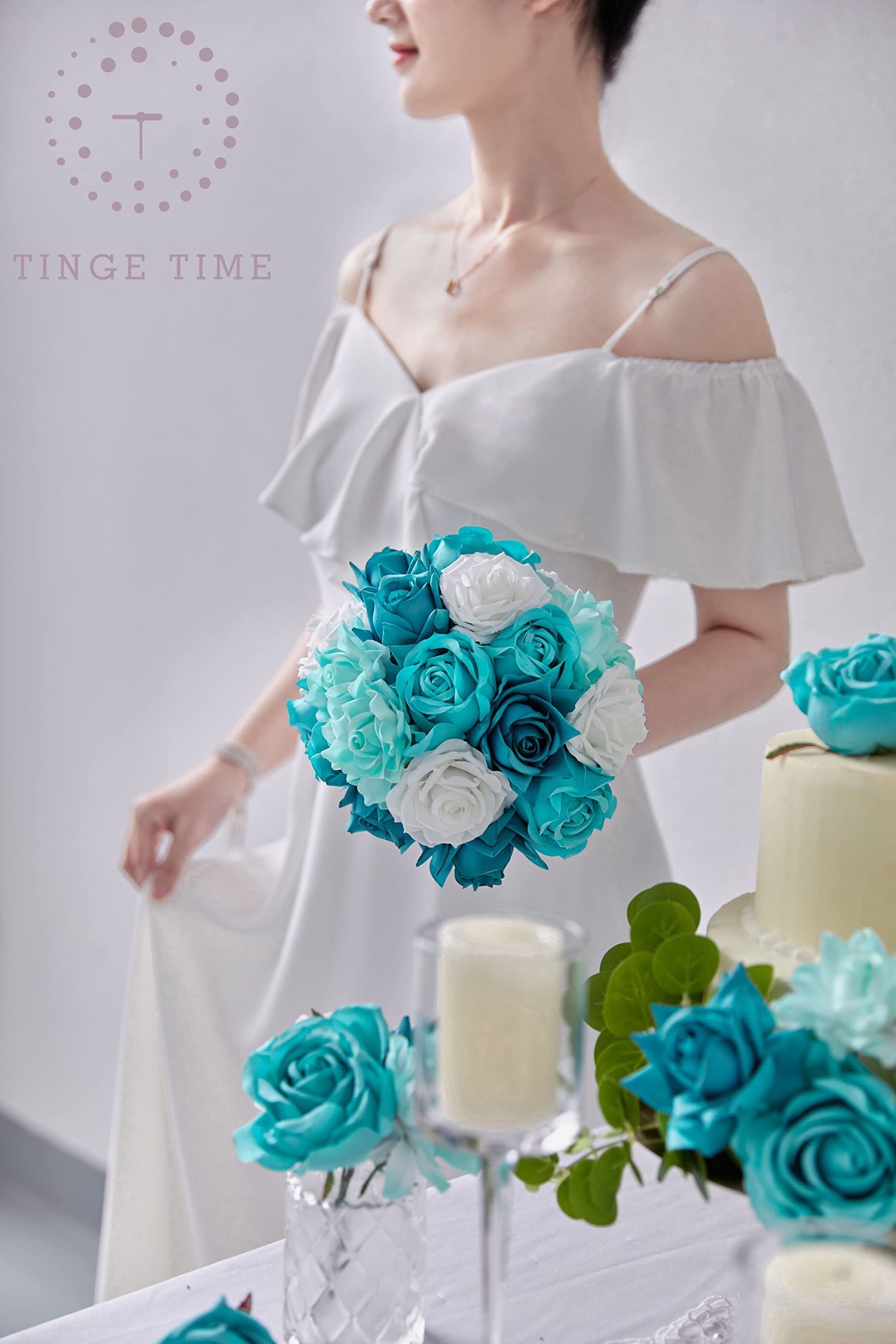 TINGE TIME Teal Green Silk Artificial Flowers, Fake Rose Flowers 25pcs with Stem for DIY Wedding Bouquets Baby Shower Centerpieces Party Tables Home Decorations