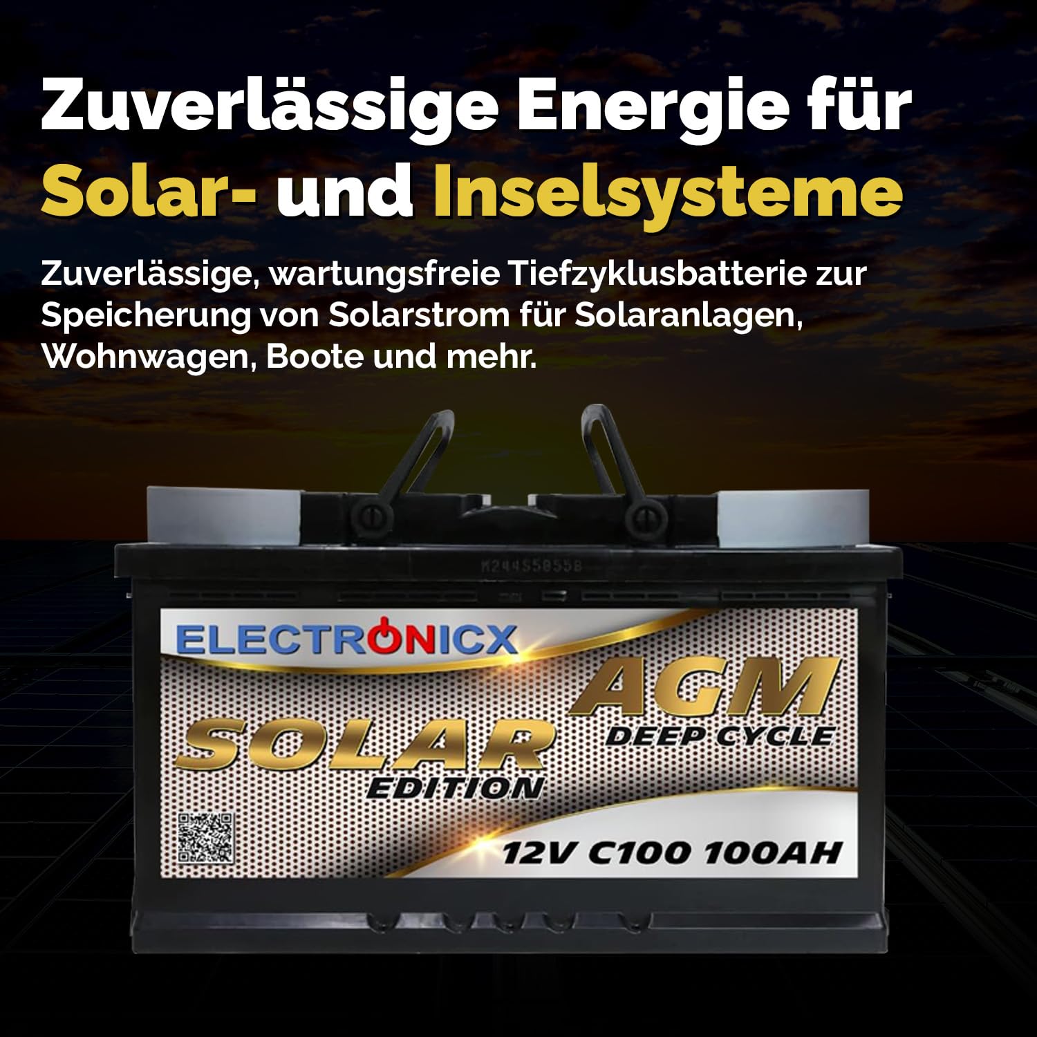 AGM Solarbatterie 12V 100Ah – Wartungsfreier Akku für Wohnwagen, Wohnmobil, Mover, Boot & Off-Grid Solarsysteme – Versorgungsbatterie Deep Cycle Solar Edition