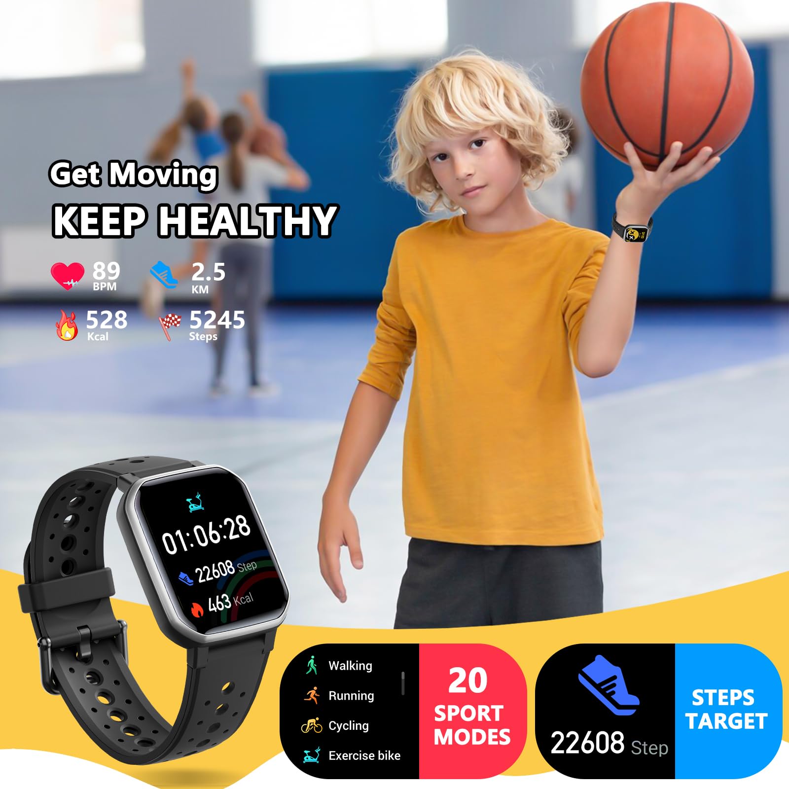 JOYELE Smartwatch Orolorio Bambino Bambina, Orologio Fitness Smart Watch 20 Modalità Sportive, Monitoraggio Sonno/Frequenza Cardiaca, Fitness Tracker per Android iOS (Argento)