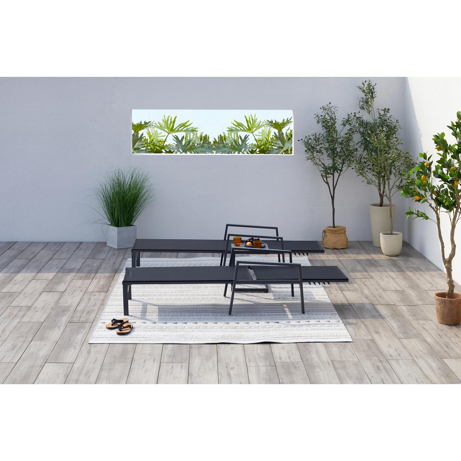 CONCEPT USINE Lot de 2 Transats Bari Noir avec Table d'Appoint Aluminium
