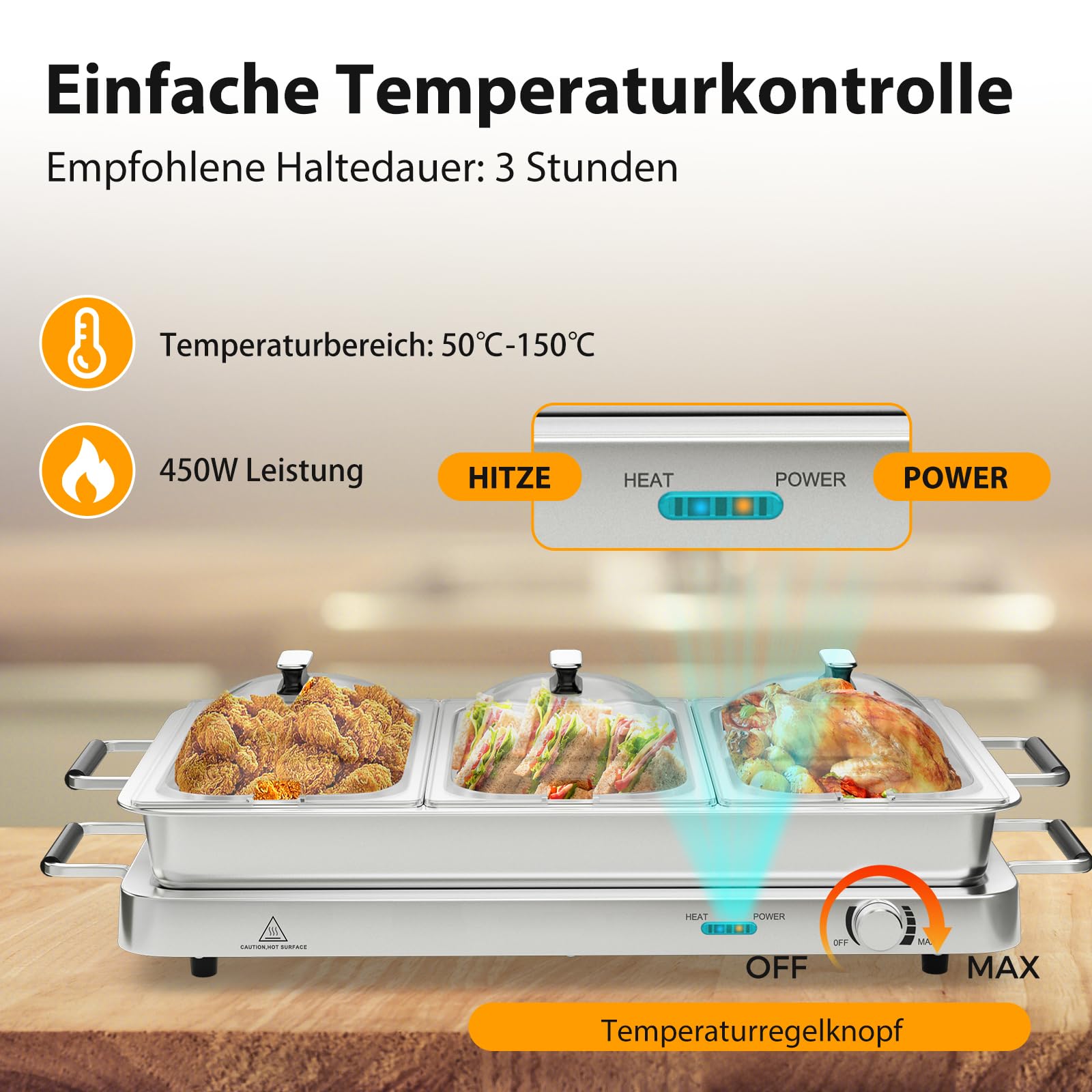 SOARS Warmhaltebehälter elektrisch 450 W, 9L Edelstahl Chafing Dish, 50-150 °C, Buffetwärmer