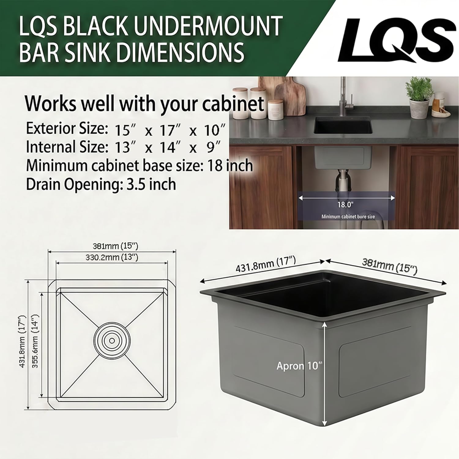 LQS Black Stainless Steel Undermount Bar Sink, 15" x 17" Small Wet Bar Sink and RV Kitchen Sink Workstation, 16 Gauge Stainless Steel Kitchen Sink with Abundant Accessories For RV, Outdoor, Coffee Bar