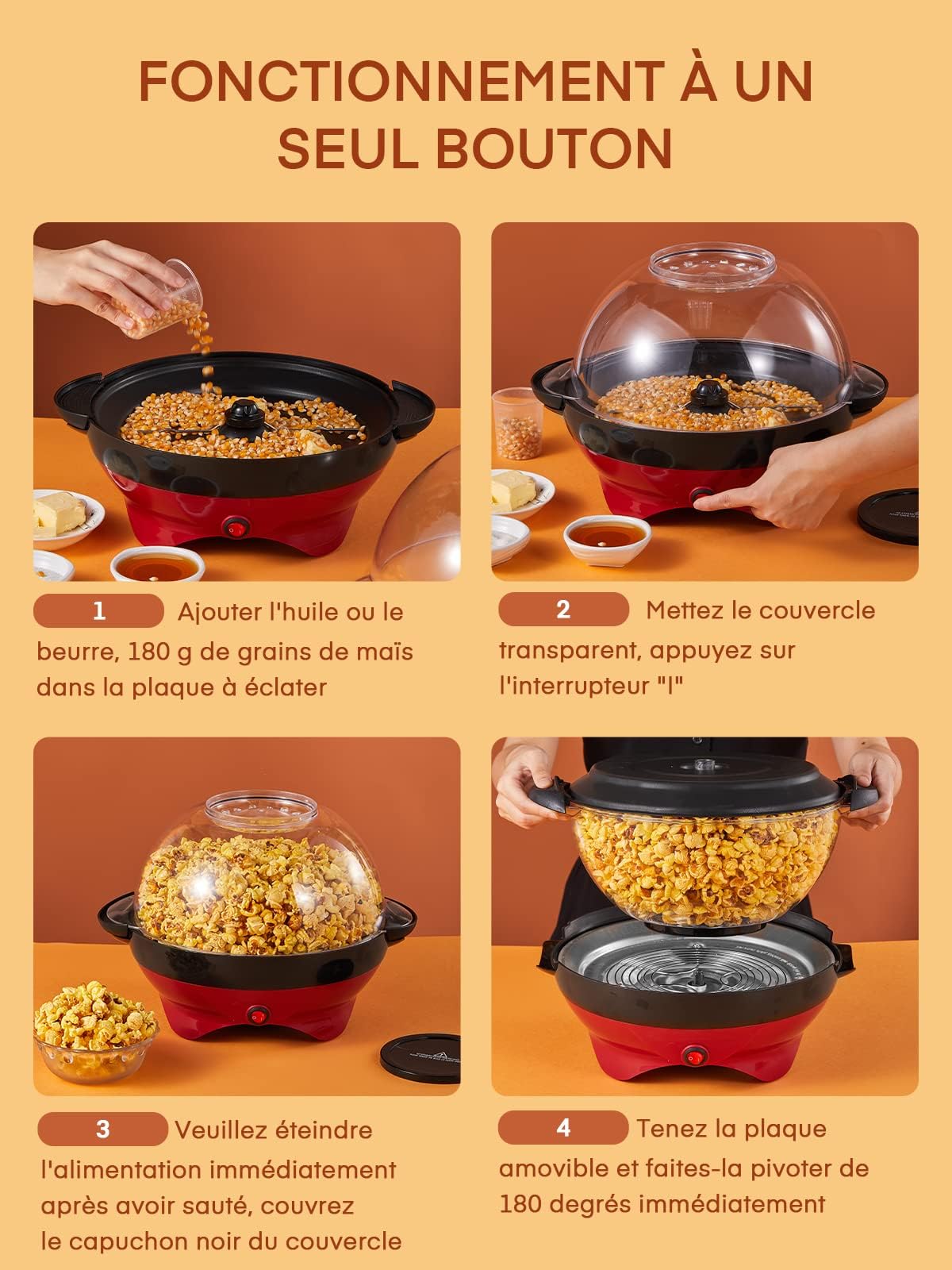 HOUSNAT Machine à pop-corn - Grande capacité de 5,5 l - 800 W - Avec revêtement antiadhésif et surface chauffante amovible - Silencieuse et rapide