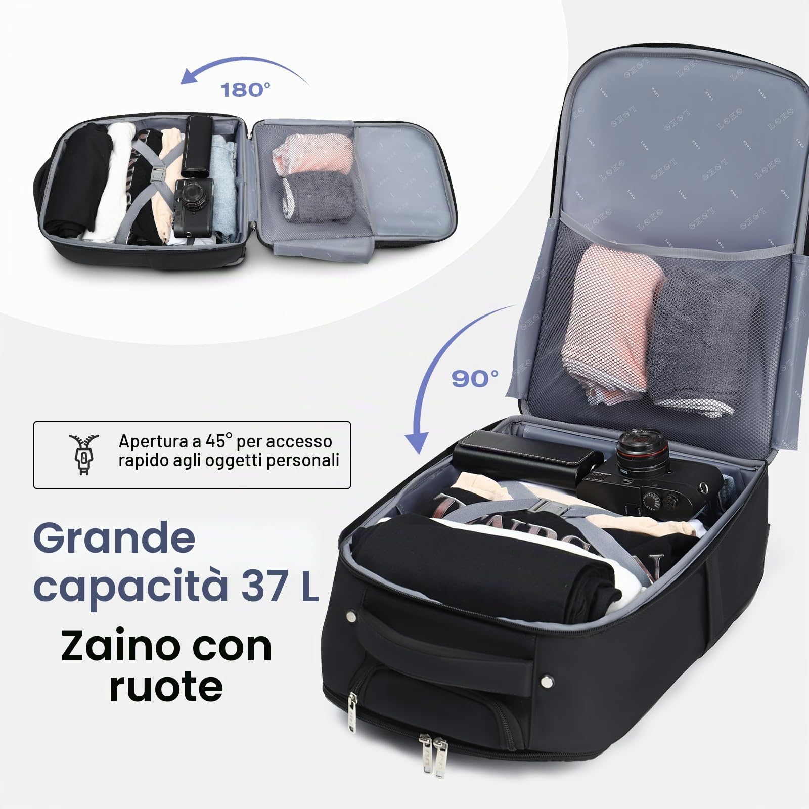 Zaino Trolley Viaggio, Porta PC 17 Pollici Bagaglio a Mano, Impermeabile Borsa da Viaggio con Ruote per Uomo e Donna, Scuola, Università, Viaggi, Università,Aereo Affari, Nero