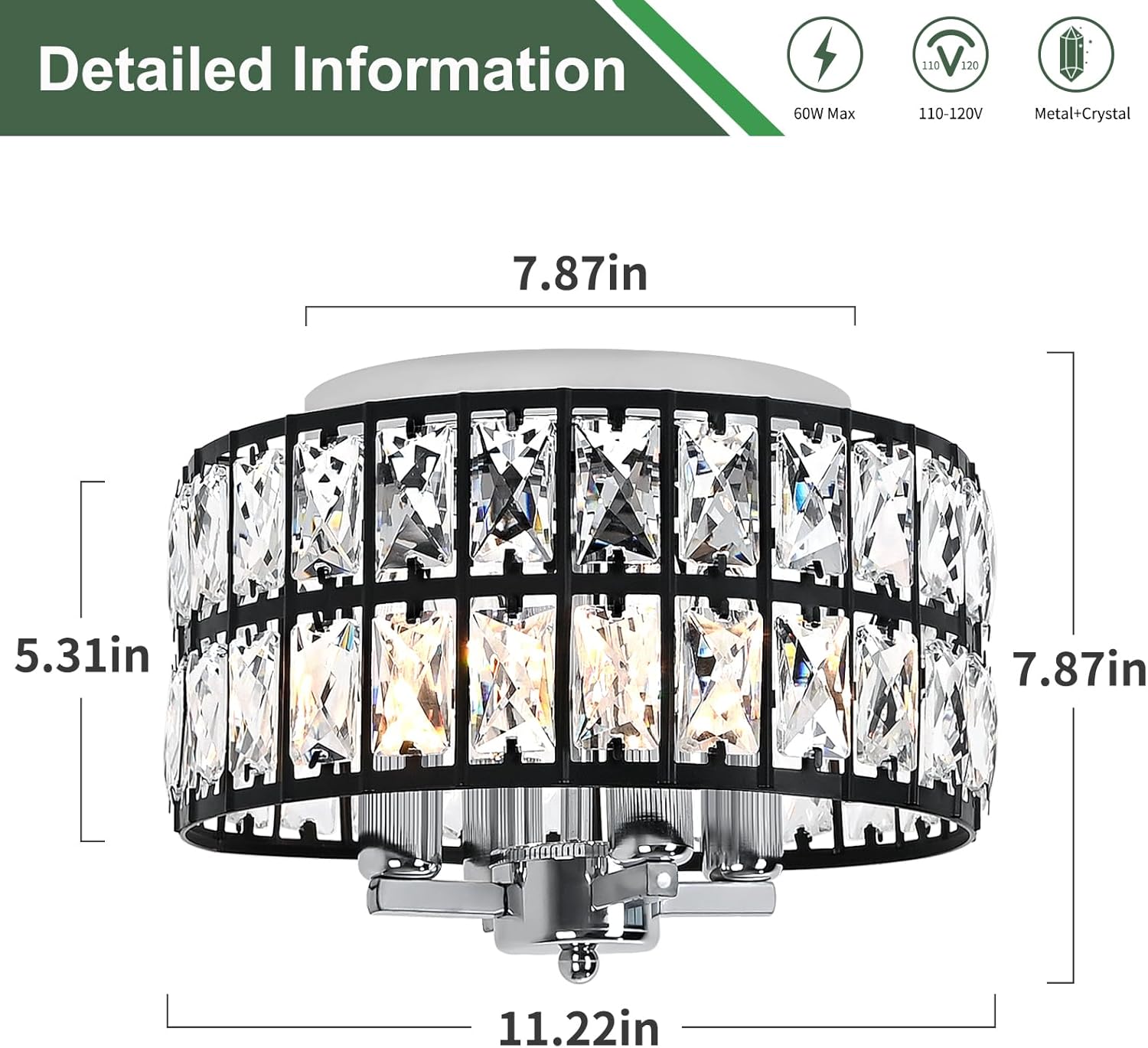 JHLBYL Black and Chrome Flush Mount Ceiling Light, Modern Crystal Ceiling Light Fixture 4-Lights Close to Ceiling Light Fixtures for Hallway Bathroom Kitchen Dining Room Entryway