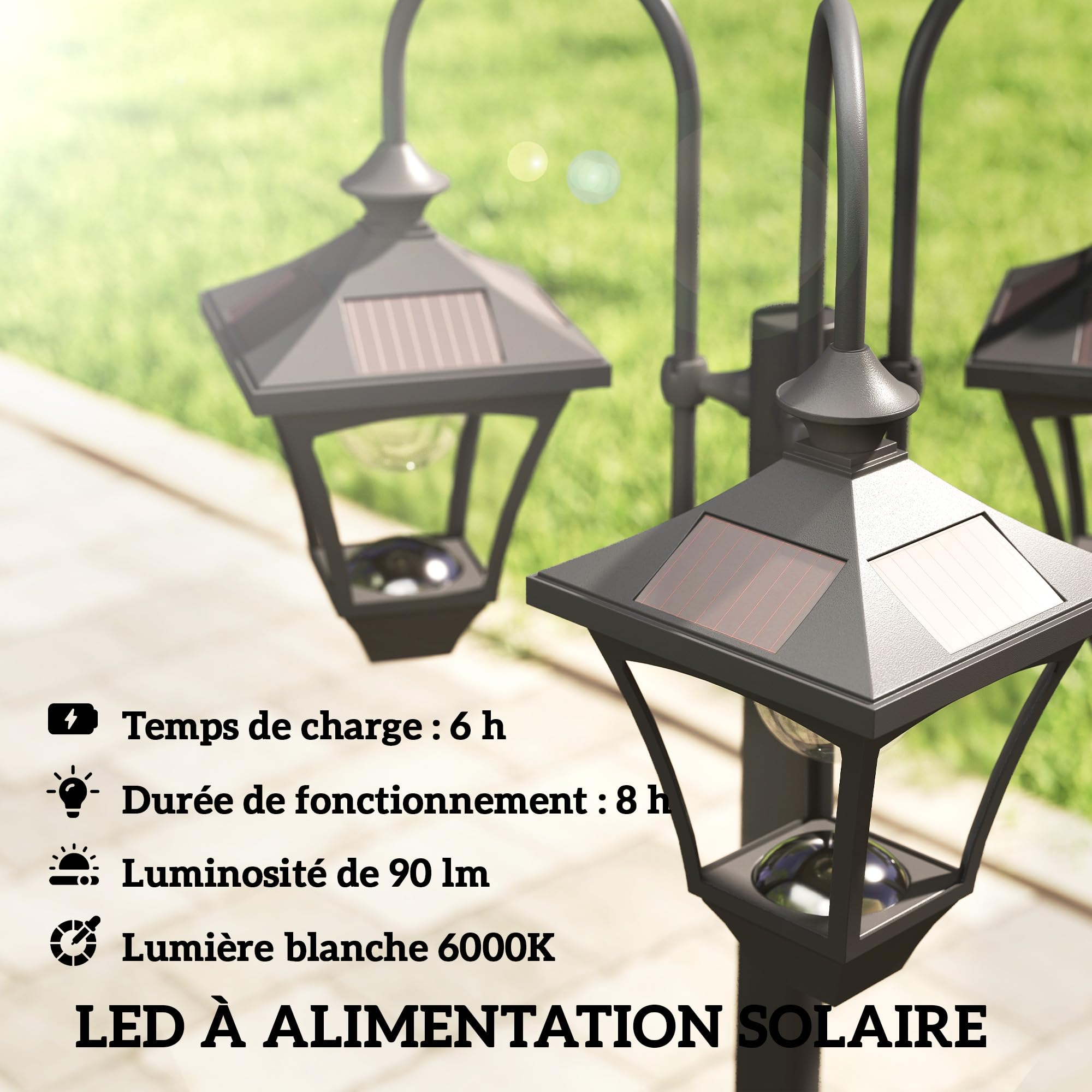 Outsunny Lampadaire Extérieur sur Pied à 3 Têtes, Éclairage LED, Noir