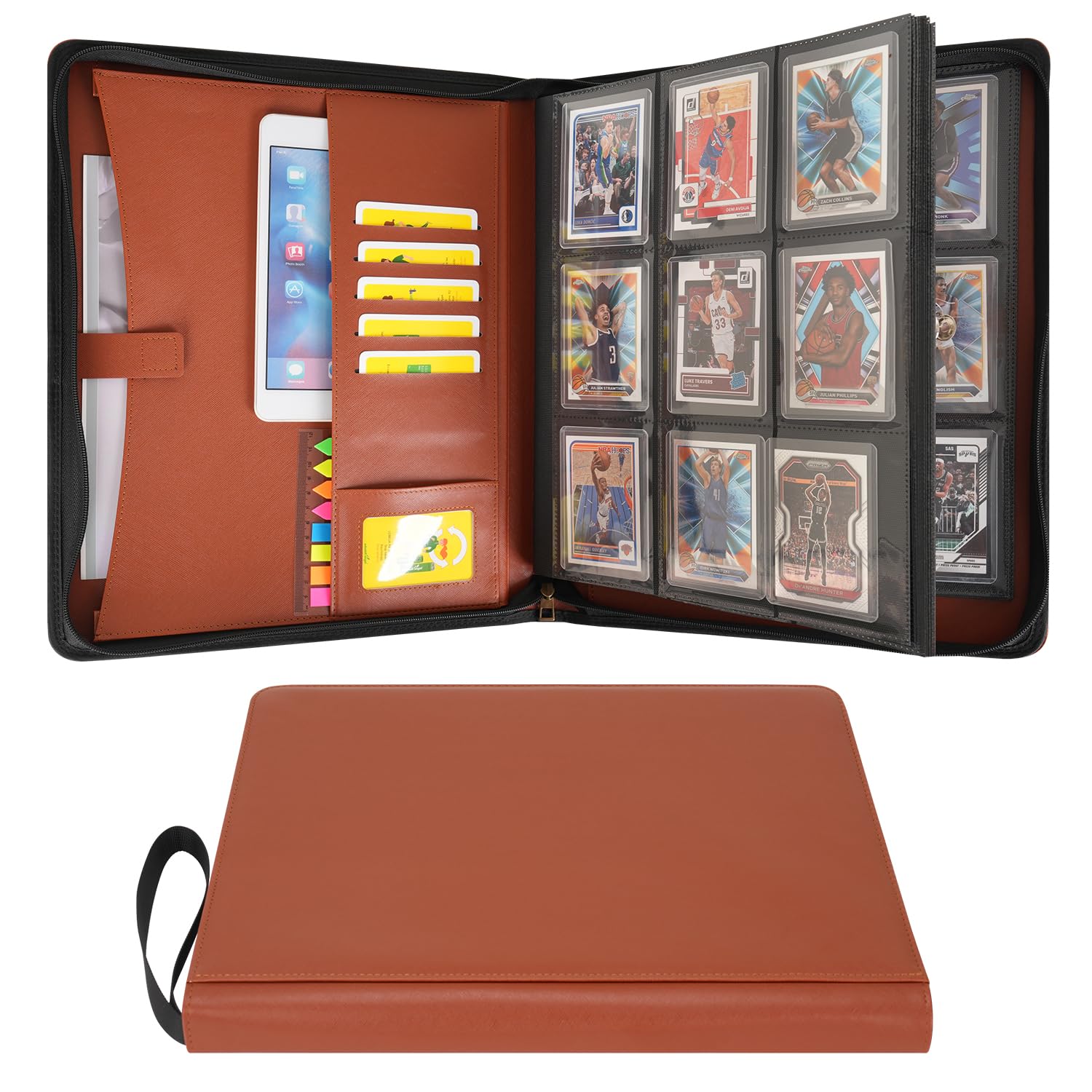 Wonderpool Brown Toploader Binder Trading Card Album Storage 9 Pocket - 360 Side Loading Holds Toploaders With Extra Interior Pockets | Pu Leather Notebook For Mtg Tcg Yugioh Game Sports Cards (Brown)