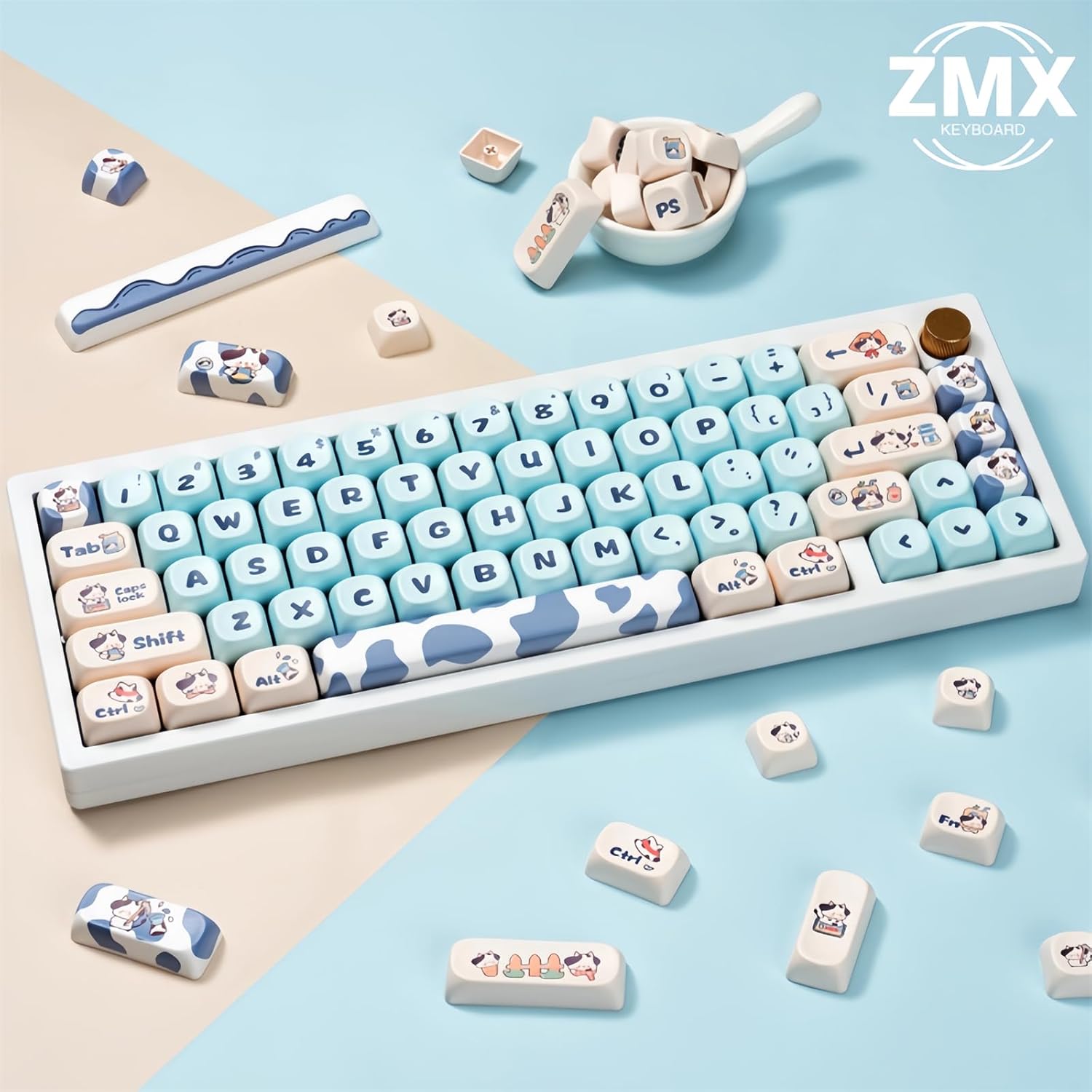 Cute MOA Keycaps,Kawaii Milk-Cow Round Keycap Custom Full Size Keycap Set Dye-Sub Thick PBT Key Cap for Cherry MX Switch 75% 60% Mechanical Gaming Keyboard Creamy Keycaps (142Keys)