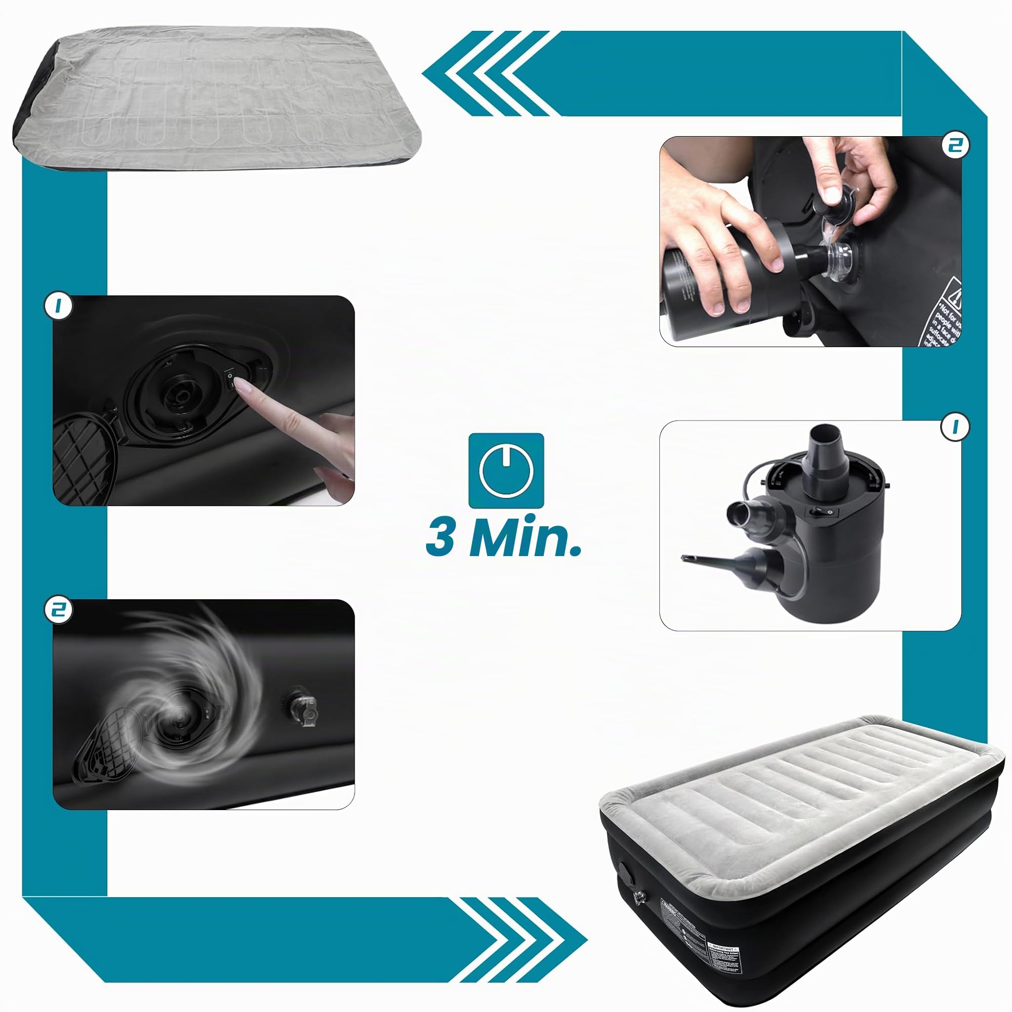 FIVMEN Luftmatratze 1 Personen Luftbett Selbstaufblasend 187x90x46cm Aufblasbare Matratze mit Elektrischer Pumpe Inflatable Mattress Gästebett Reisebett für Camping&Heimgebrauch