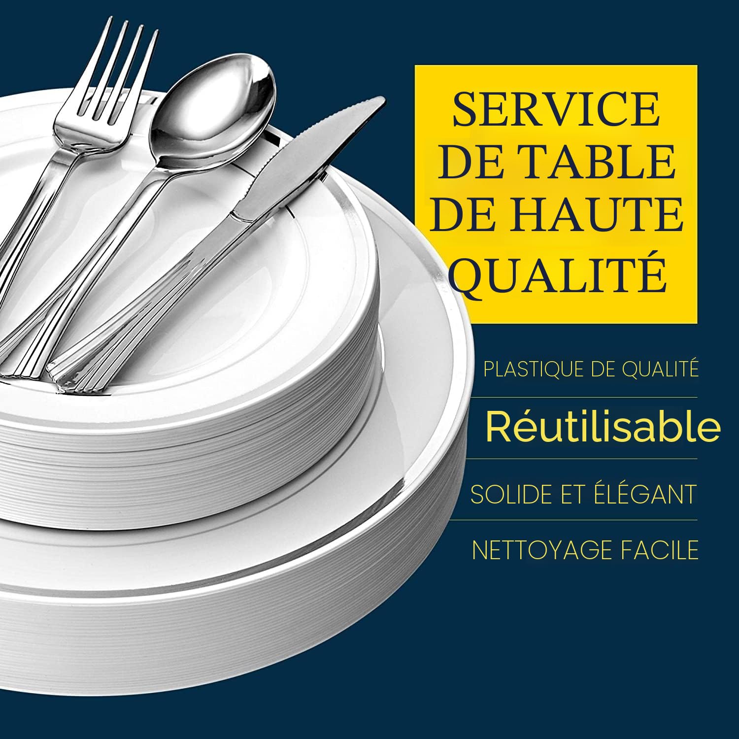 LATERN 150 Pièces Vaisselle en Plastique Argenté Réutilisable, 25 Assiettes Plates, 25 Assiettes à Salade, 25 Couteaux, 25 Fourchettes, 25 Cuillères, 25 Tasses pour Anniversaire Mariage Jardin Fête
