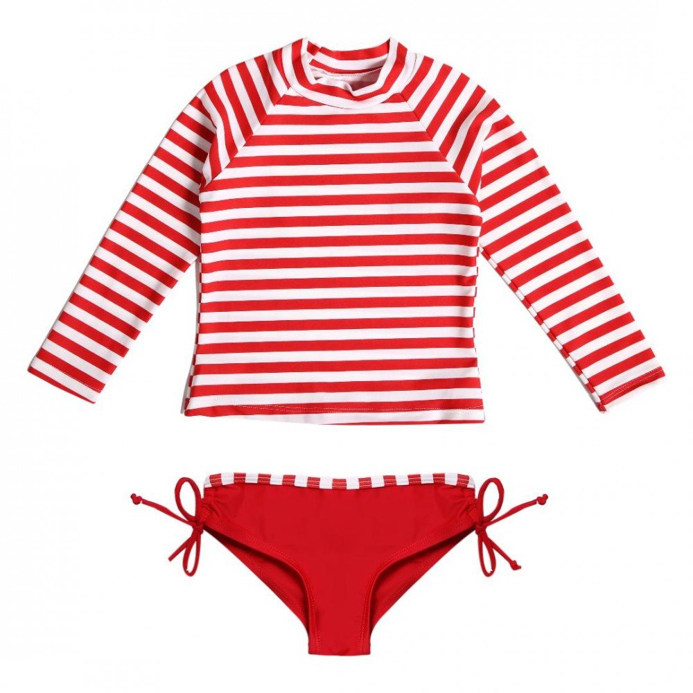 Traje de una pieza para niña cómodo con diseño a rayas en color rojo vibrante 3