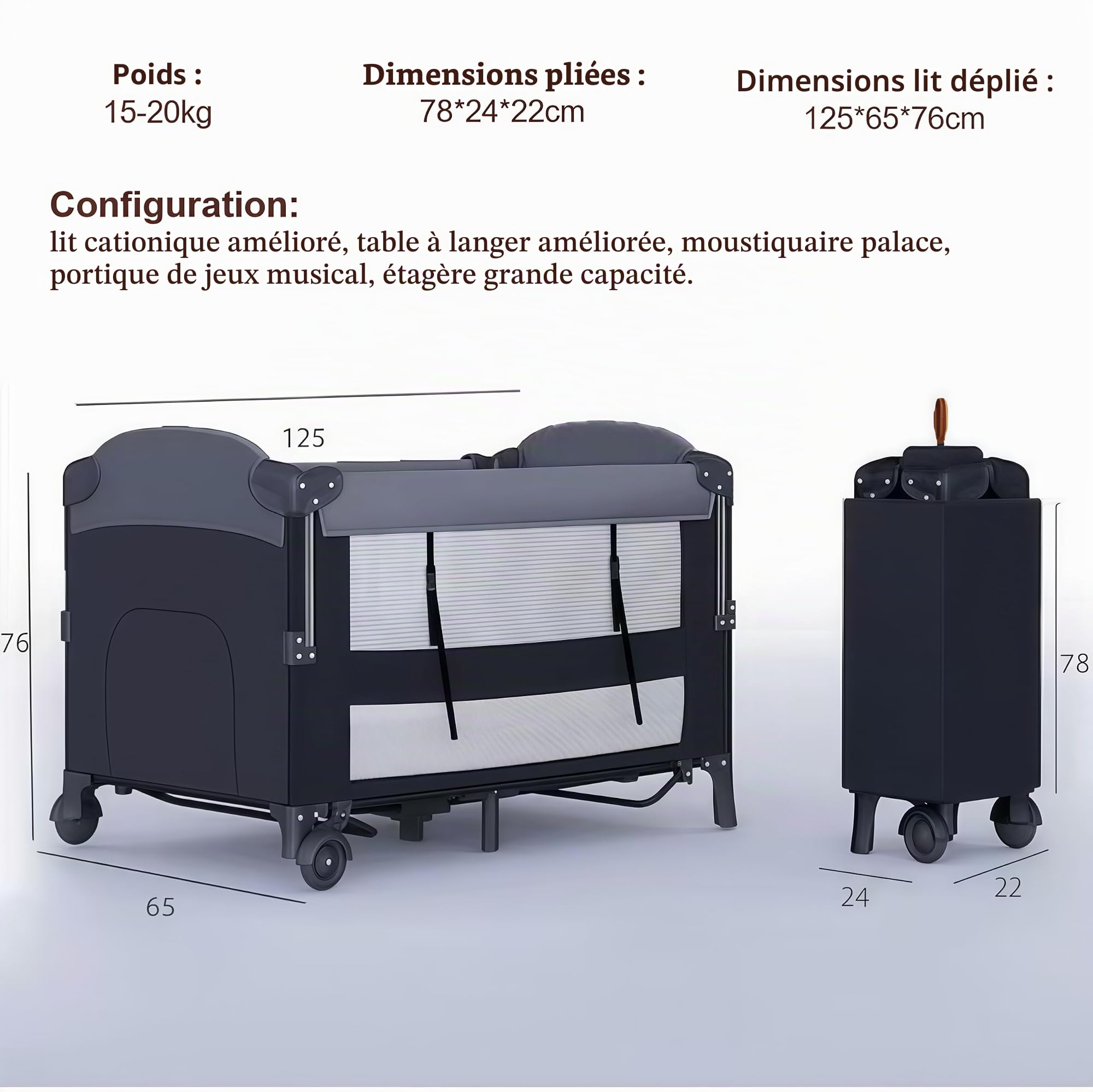 Lit Parapluie Bebe avec Matelas, Lit Bebe de Voyage Pliable et Convertible, Berceau Evolutif Next to Me, Berceau de Camping pour Enfant avec Moustiquaire (6602 Gris sans Filet)