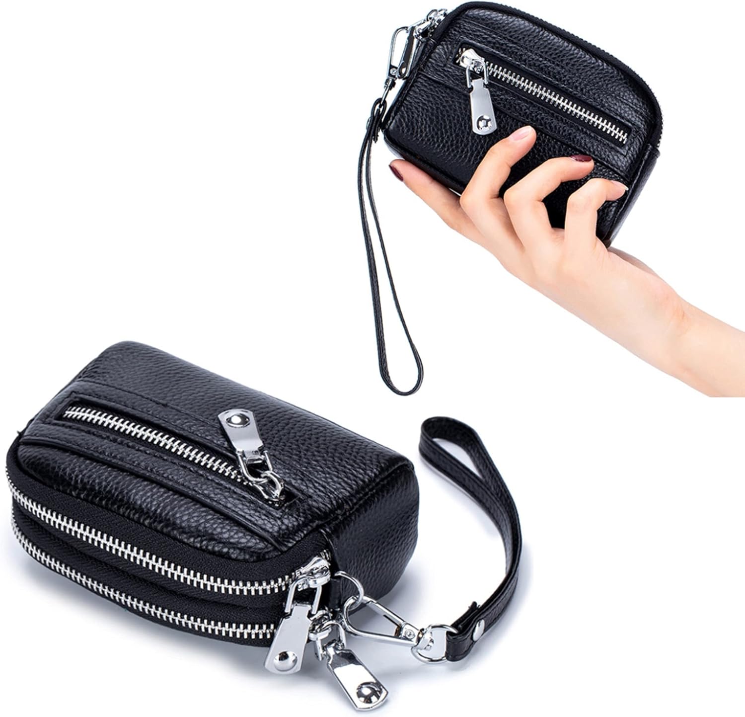 Genuine Leather Mini Wristlet Wallet for Women, 3 Zipped Coin Purse Small Pouch with Wristlet Strap (Burgundy) - Image 5