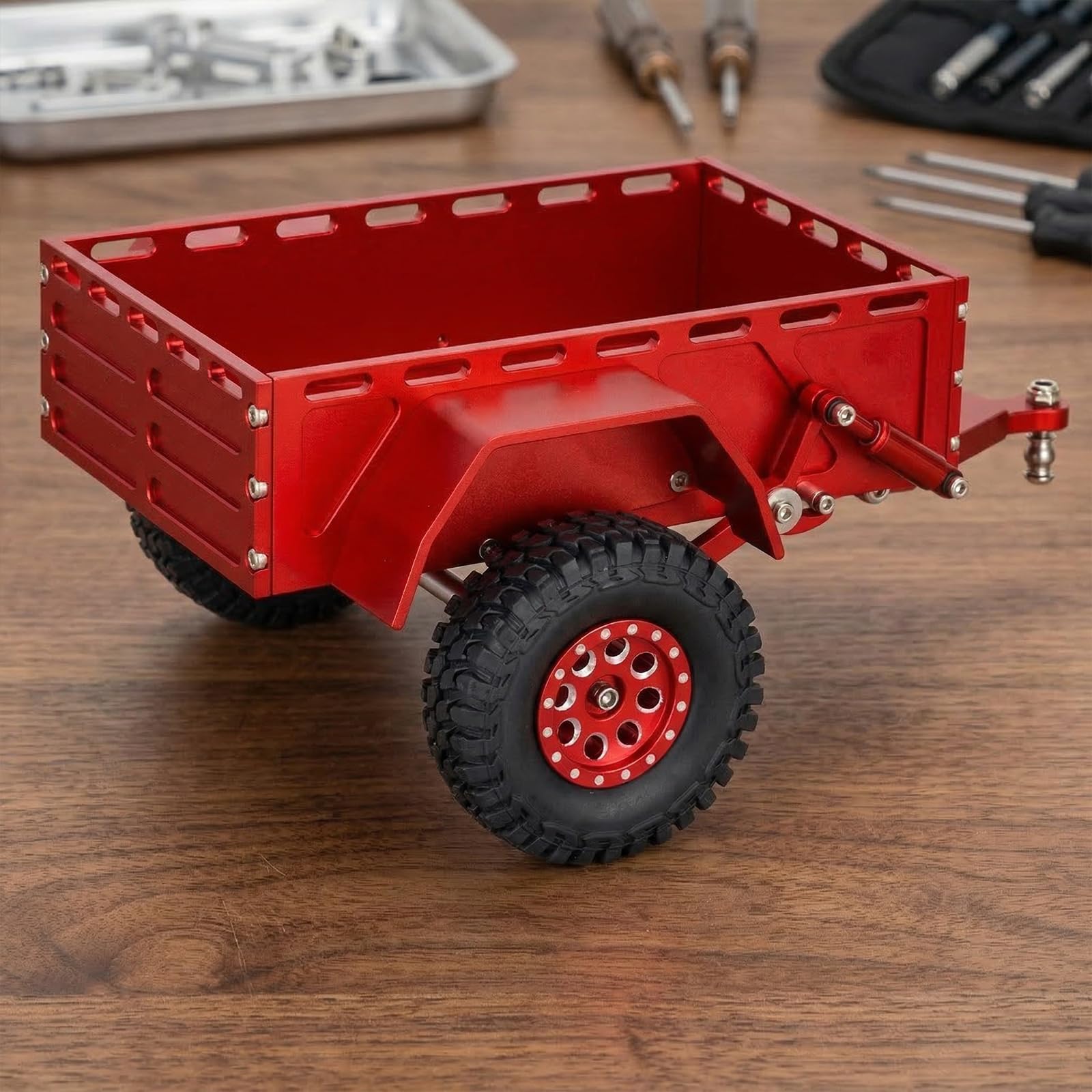 Obrabiana metalowa przyczepa RC z realistycznymi akcesoriami rowerowymi i deskorolkowymi 1/18, 1/24