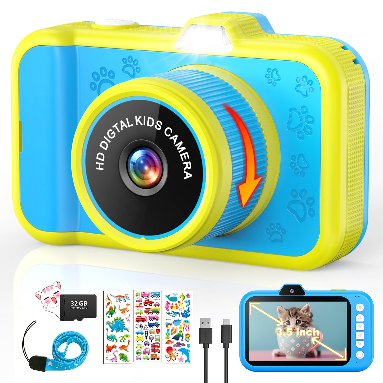 CHAKEYAKE Kids Camera with Rotating Zoom Lens, 3.5” Large Screen, 1080P Kids Digital Camera with Flash,Selfie, 32GB Card, Toddler Toy Camera Christmas