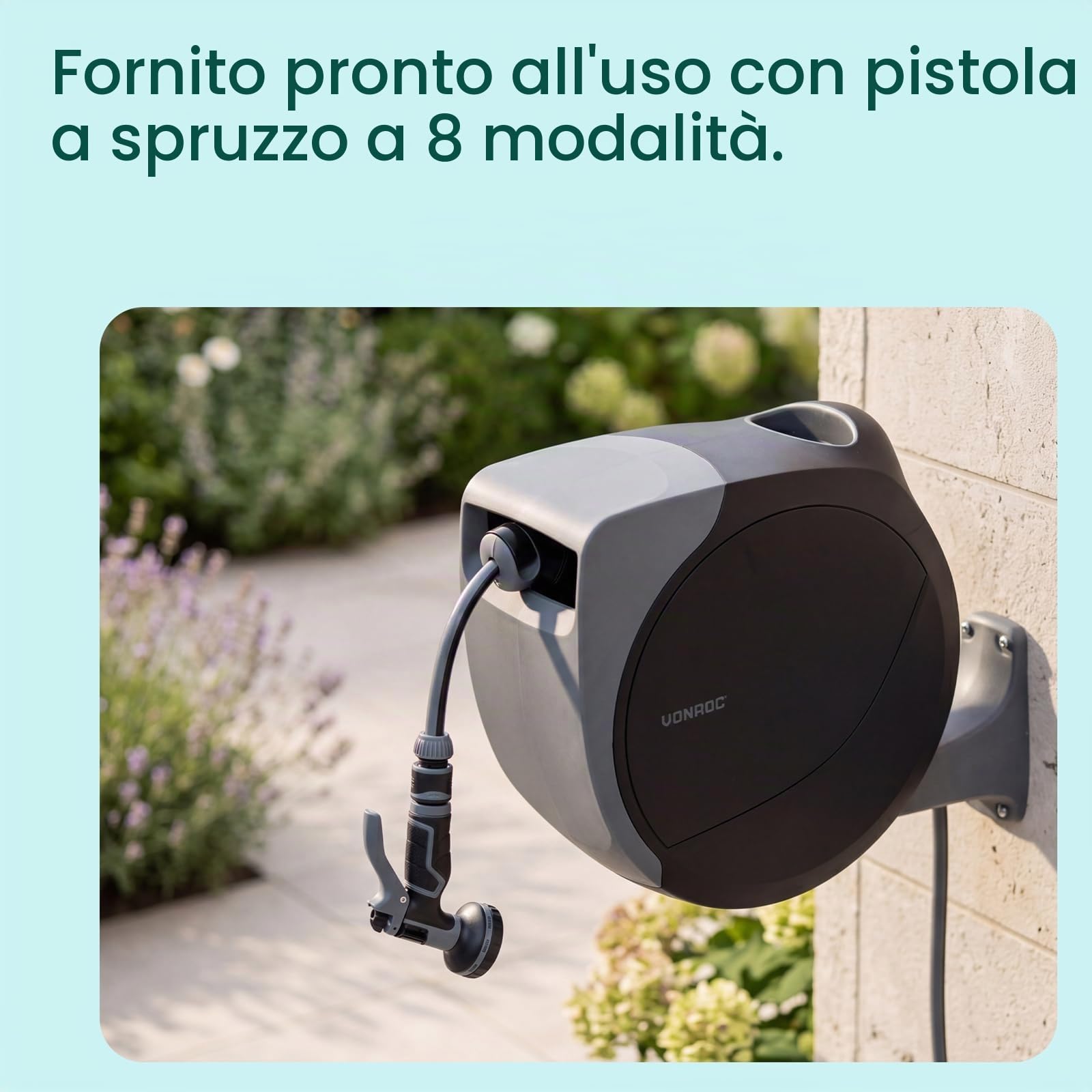 VONROC Avvolgitubo Automatico con Tubo Premium 20 m | Riavvolgimento Automatico | Pistola a 8 Getti | Avvolgitubo da Parete per Irrigazione Giardino, Grigio