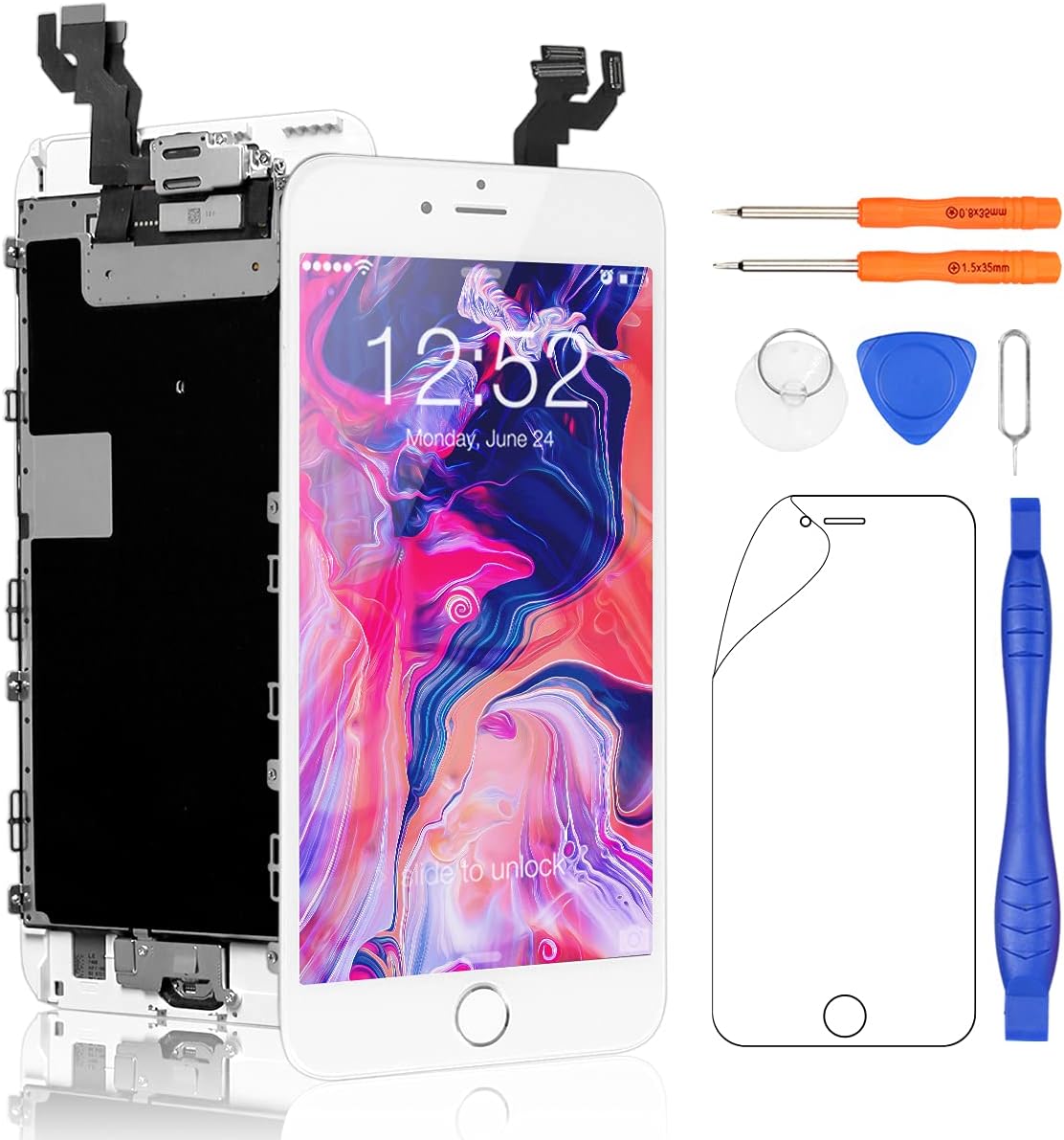 Yodoit for iPhone 6s Plus Screen Replacement White With Home Button, Front Camera, Earpiece Speaker, LCD Display Touch Digitizer Assembly + Repair Tool, Screen Protector