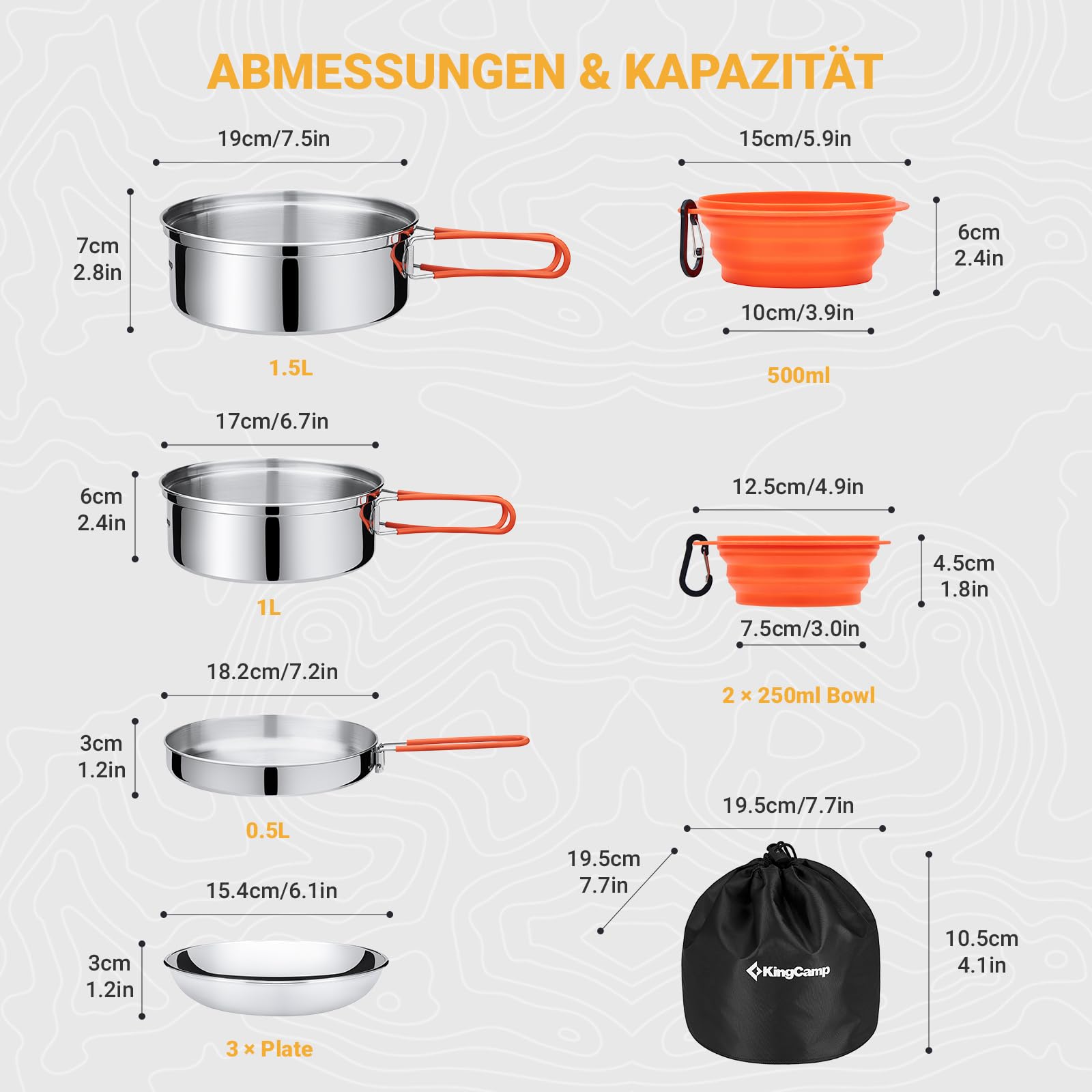KingCamp Campingküche faltbar mit Bambus Campingschrank & Edelstahl Camping Kochgeschirr, Outdoor Küche mit Stauraum, Windschutz, Lampenhalter & Kochset für 3 Personen, ideal für Camping, BBQ&Picknick
