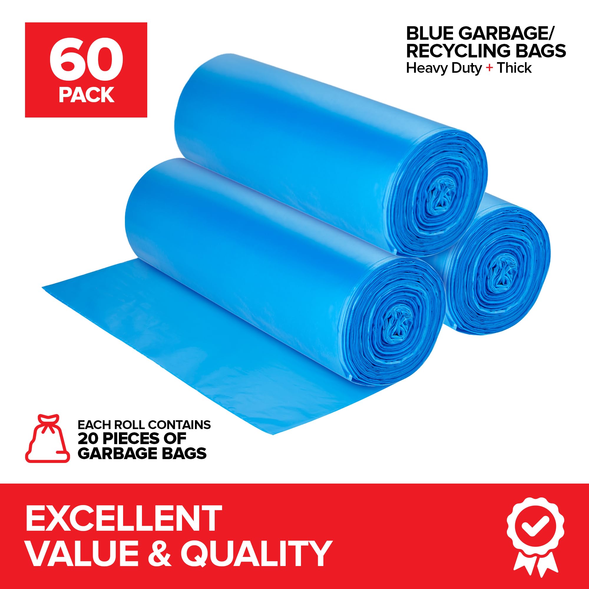 Heavy-Duty Blue Recycling Bags, 60-Pack Blue Garbage Bags For Recycling | 33-Gallon Capacity| Commercial, Industrial or Home Use
