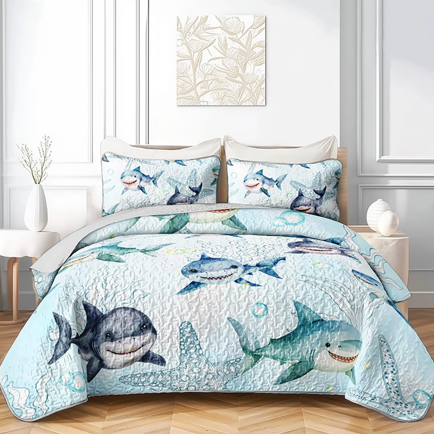 Ocean Blue Shark Quilts Bedding Set Full Size for Boys Girls Adult 3Pcs Shark Starfish Quilt Bed Set All Season Seaweed Bedspreads Coverlet with 1 Quilt and 2 Pillowcases for Room Decor