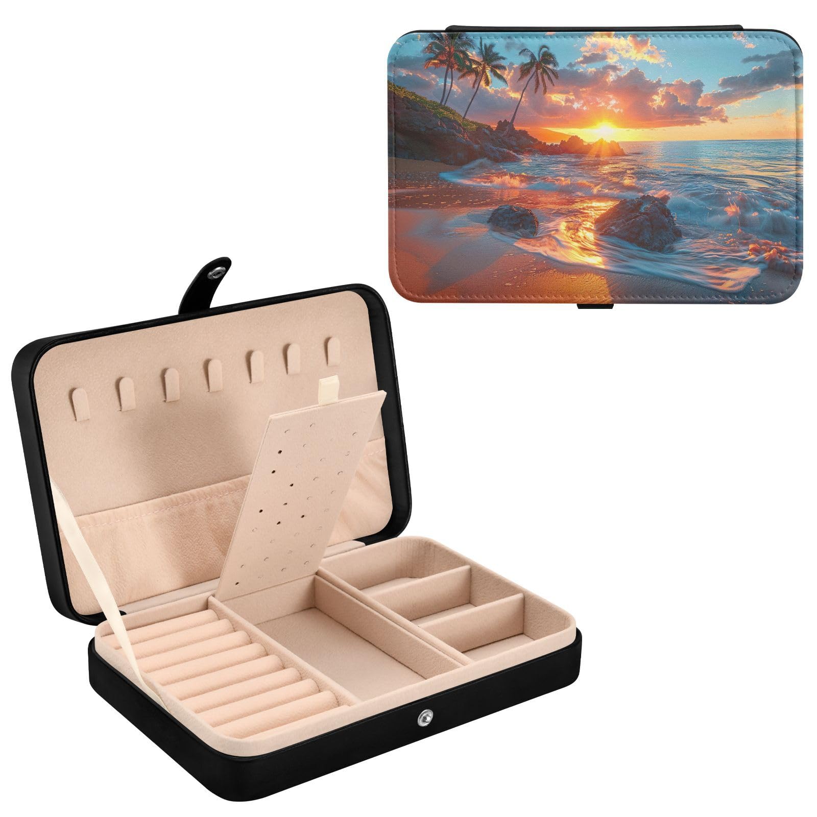 Haskirky Beautiful Sunset at Beach Jewelry Box Portable PU Leather Travel Jewelry Organize for Women Jewelry Storage Display Holder for Ring, Necklace, Earring
