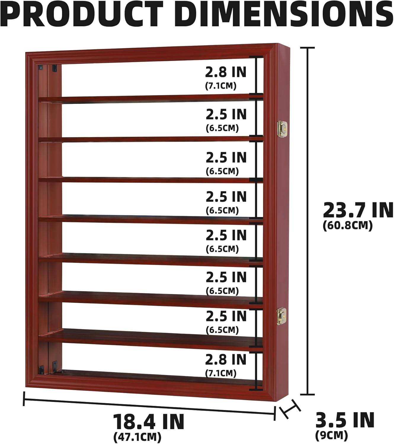 Rock Display case-Shot Glass Display Crystal Organizer for Stone Storage Wall Curio Cabinet with Mirror Back (Cherry Finish)