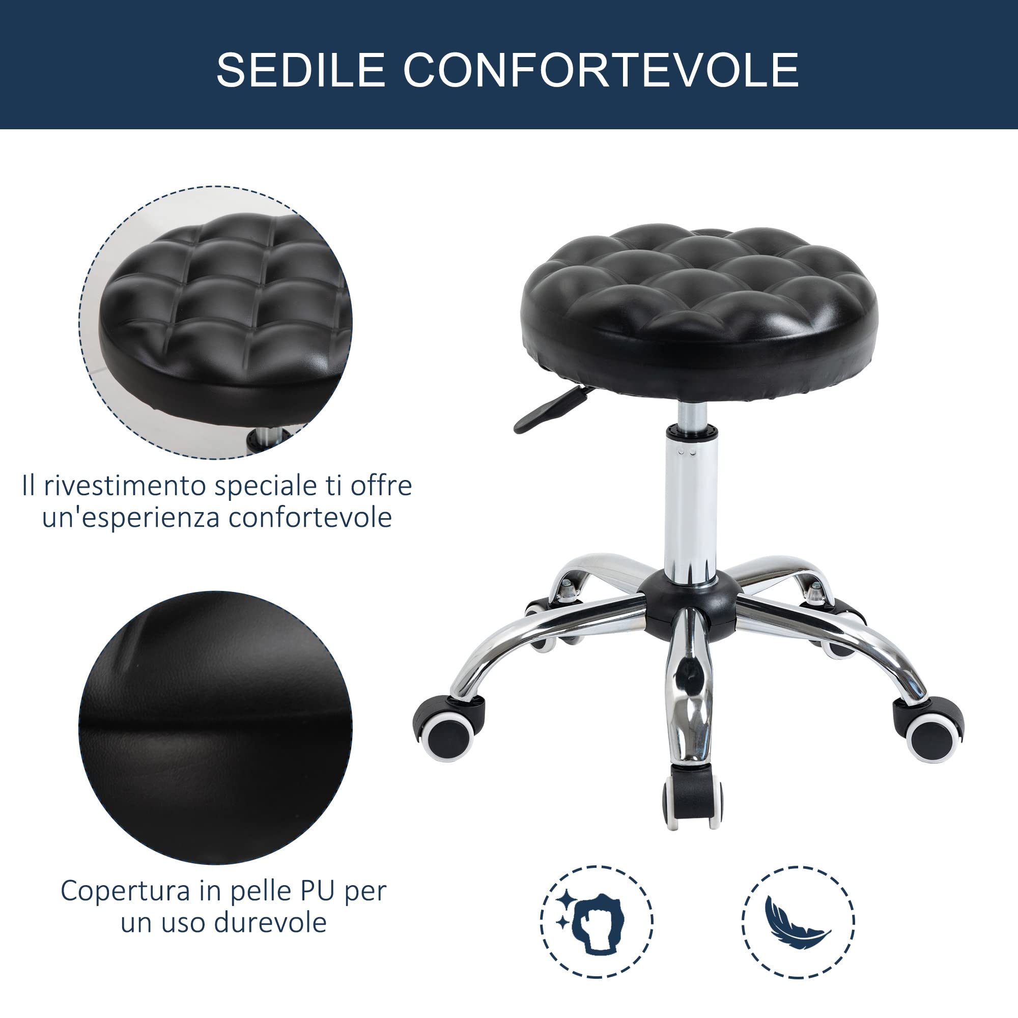 HOMCOM Sgabello ad Altezza Regolabile con 5 Ruote Girevoli, in Acciaio, Gommapiuma e pelle PU, Ф48x47-59Acm, Nero