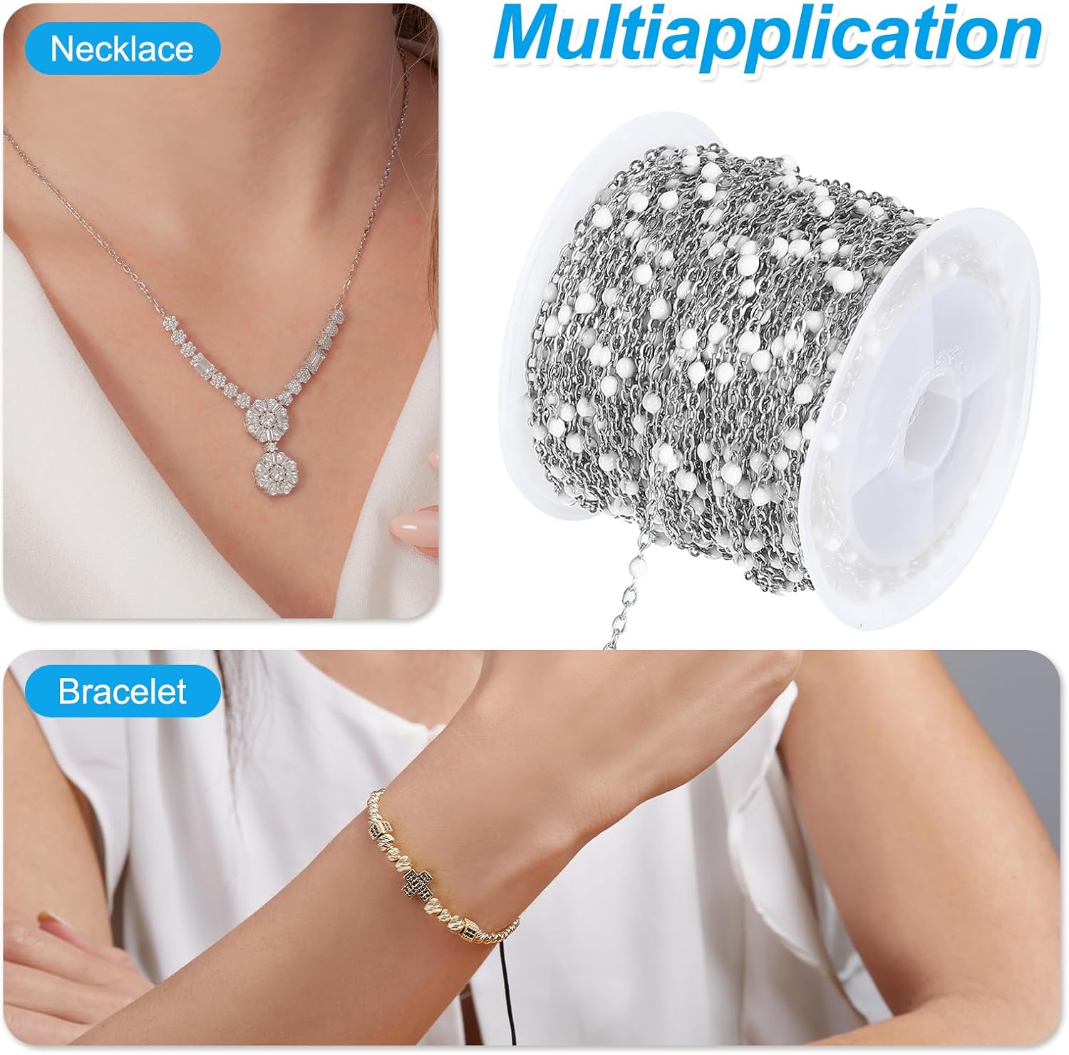 PATIKIL Stainless Steel Jewelry Chain, 33Ft 1.5mm White Beaded Link Cable Chains for Necklace Earring Bracelet Findings Jewelry Making Trucker Hat Chains, Silver/White