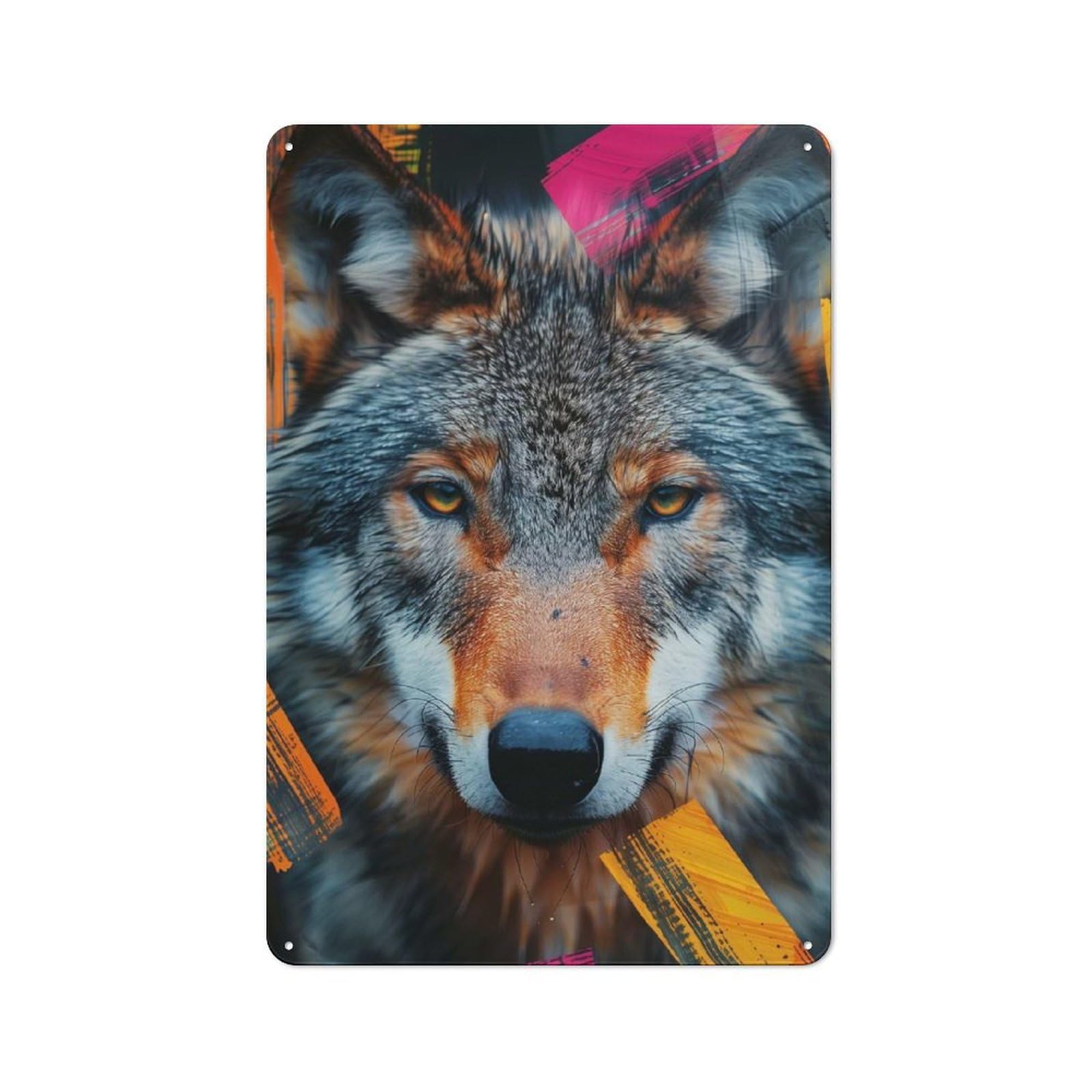 Bistro Style Wolf Portrait with Abstract Strokes Decorative Metal Plaque 30x20cm, Bistro Wall Plaque for Tea Room, Shop Wall Or Breakfast Area