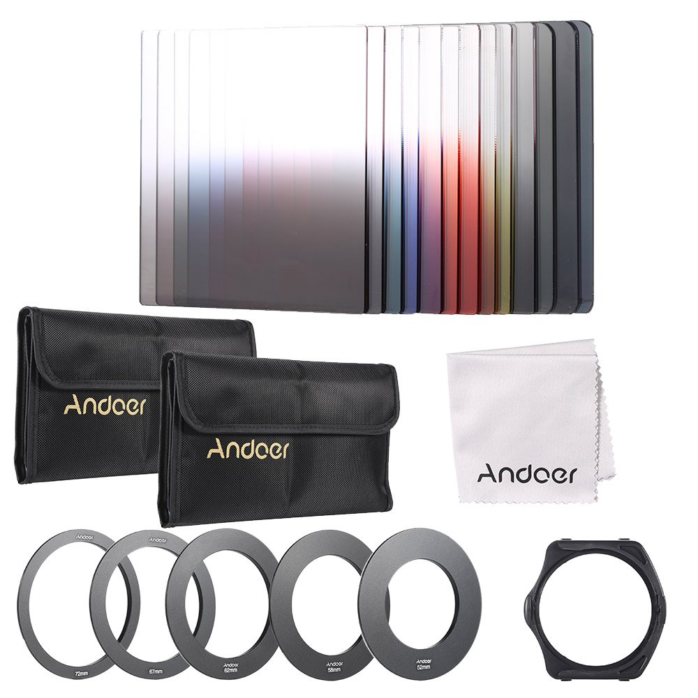 Andoer, kit da 13 filtri gradienti colorati, per Cokin P Series, con portafiltro e anello adattatore (52 mm/58 mm/62 mm/67 mm/72 mm), custodia, panno di pulizia
