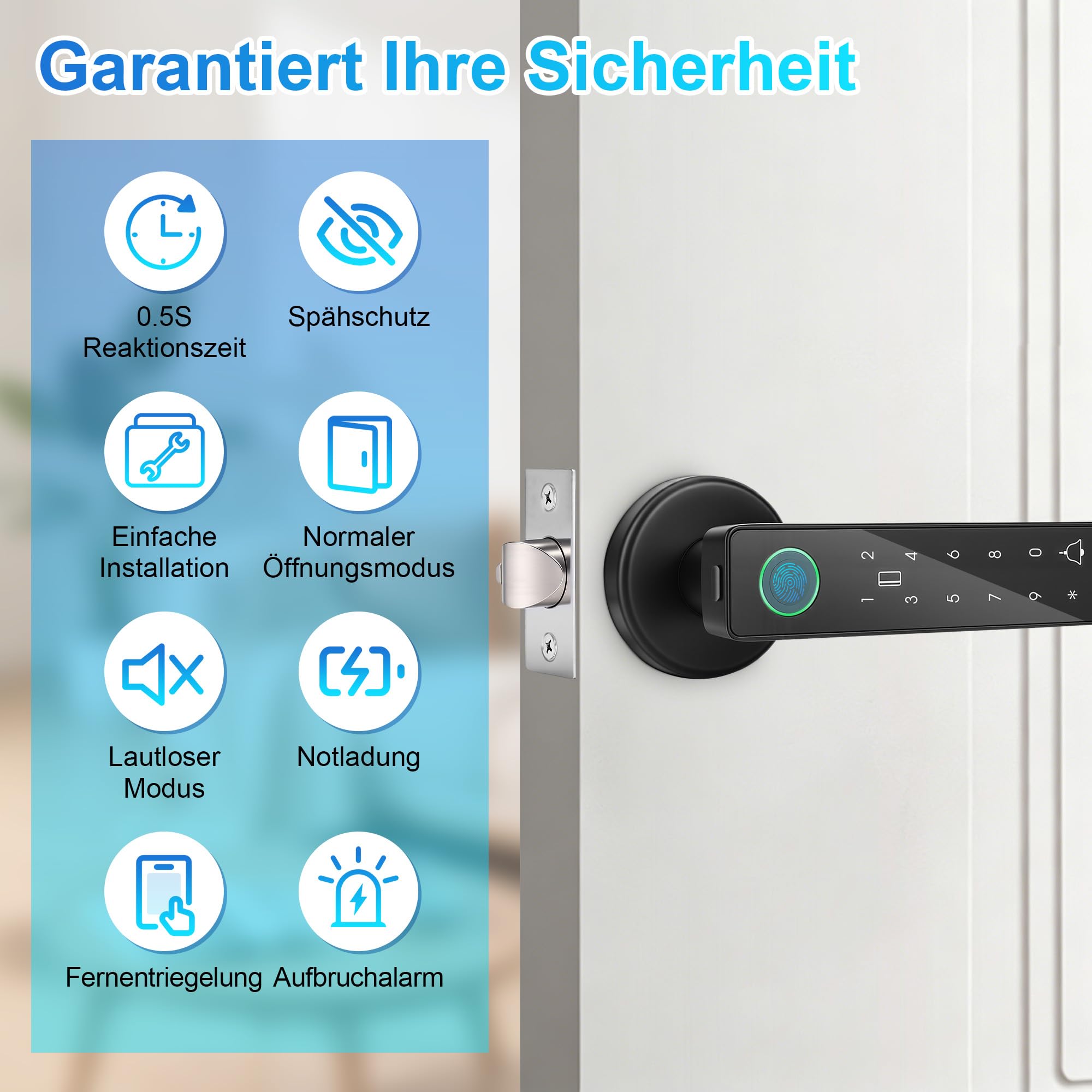 Türschloss Fingerabdruck, Smart Lock Intelligentes Türschloss mit Zahlencode, Elektronisches Schlüsselloses Zugangssystem aus Aluminiumlegierung mit Fingerabdruck Passwortkarte(BLACK)