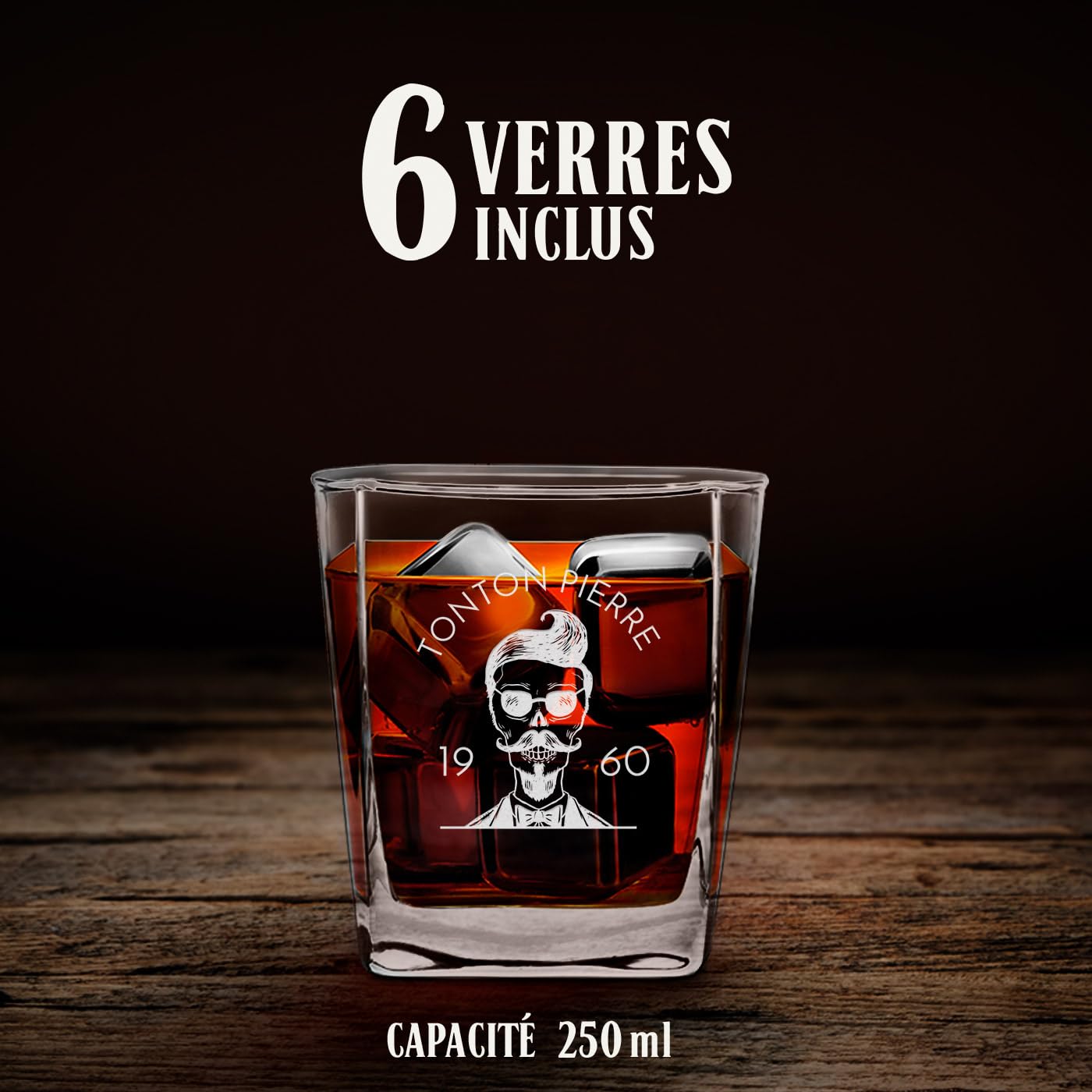 Maverton Ensemble de Carafe en verre Rhum Cognac Avec 6 verre a Whisky Gravés - Cadeau Personnalisé pour lui - Idee Cadeau Homme Anniversaire - 700 ml Service Universel Verre Whisky et Carafe - Oncle