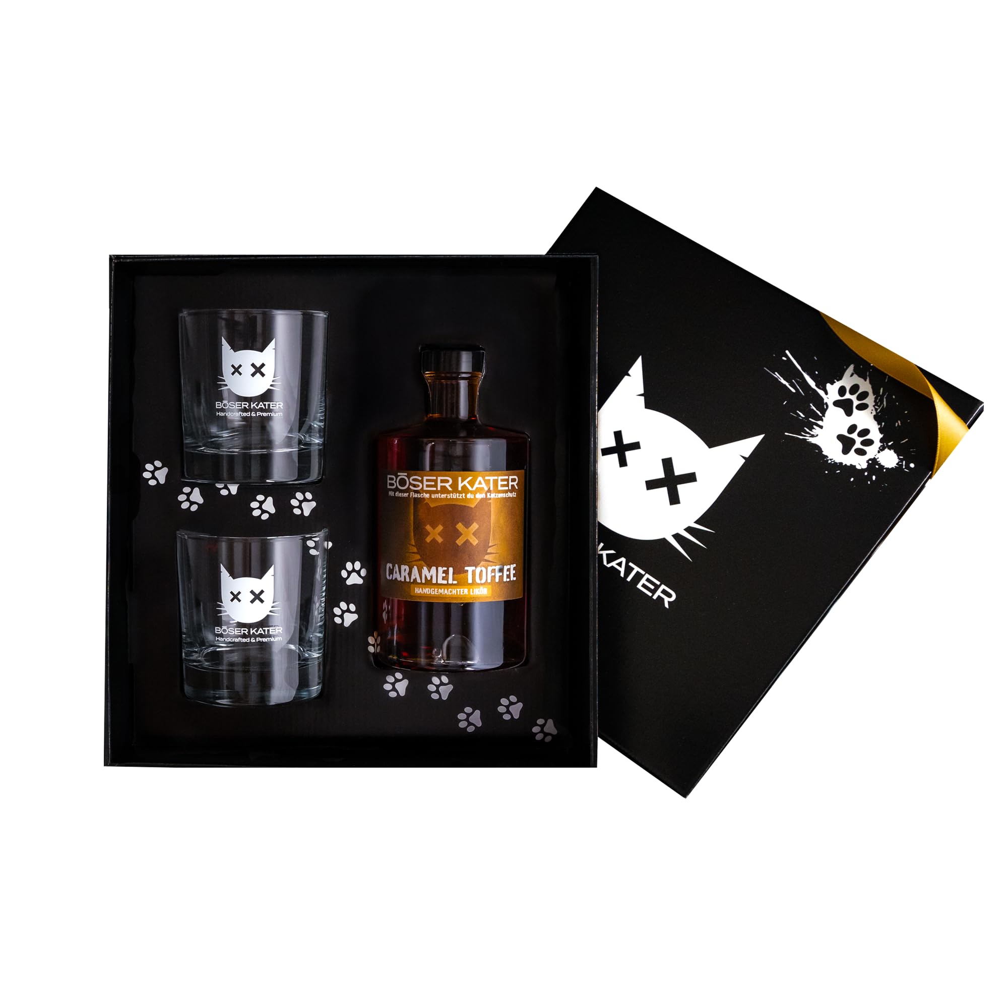 BÖSER KATER Caramel Toffee Likör Geschenkset mit 2 Gläsern | Süßlicher milder Karamelllikör | Für den puren Genuss & für spannende Cocktails | Perfekte Geschenkidee | Vegan & Handgemacht 0,5l 20% Vol.