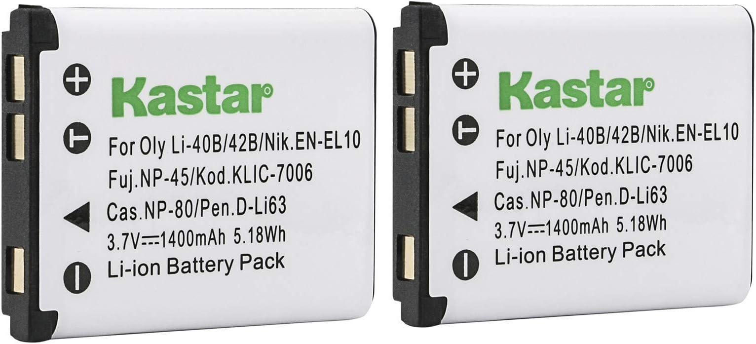 Kastar 2 Pack Battery Compatible with Olympus Li-42B Li-40B Li42B Li40B FE-230 Pentax D-Li63 Fuji NP-45 NP-45A Kodak KLIC-7006 EN-EL10