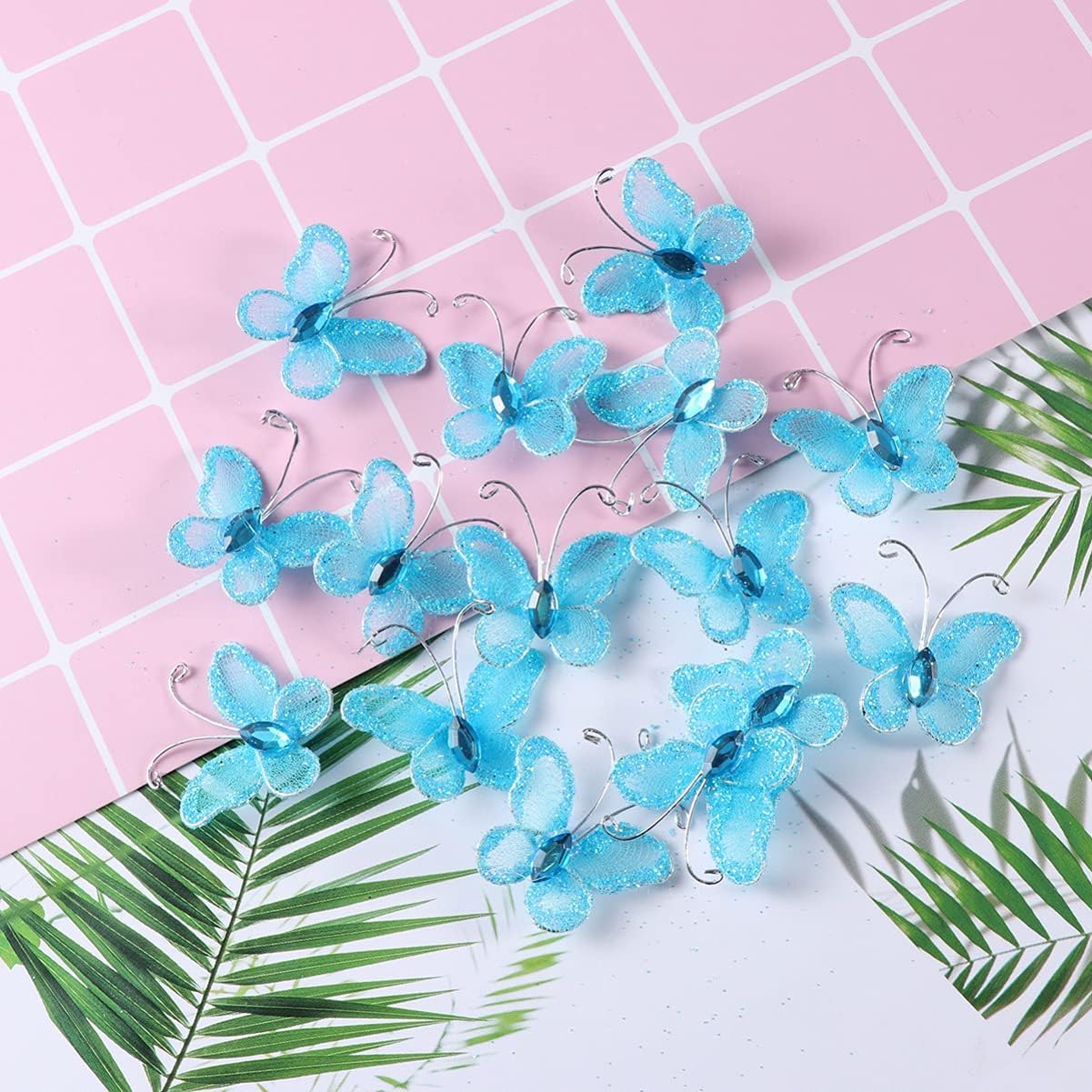 Beaupretty 50pcs Butterflies, DIY Craft Sheer Mesh Wire Glitter Butterfly with Gem for Wedding Home Decor Party (Sky- Blue) image 5